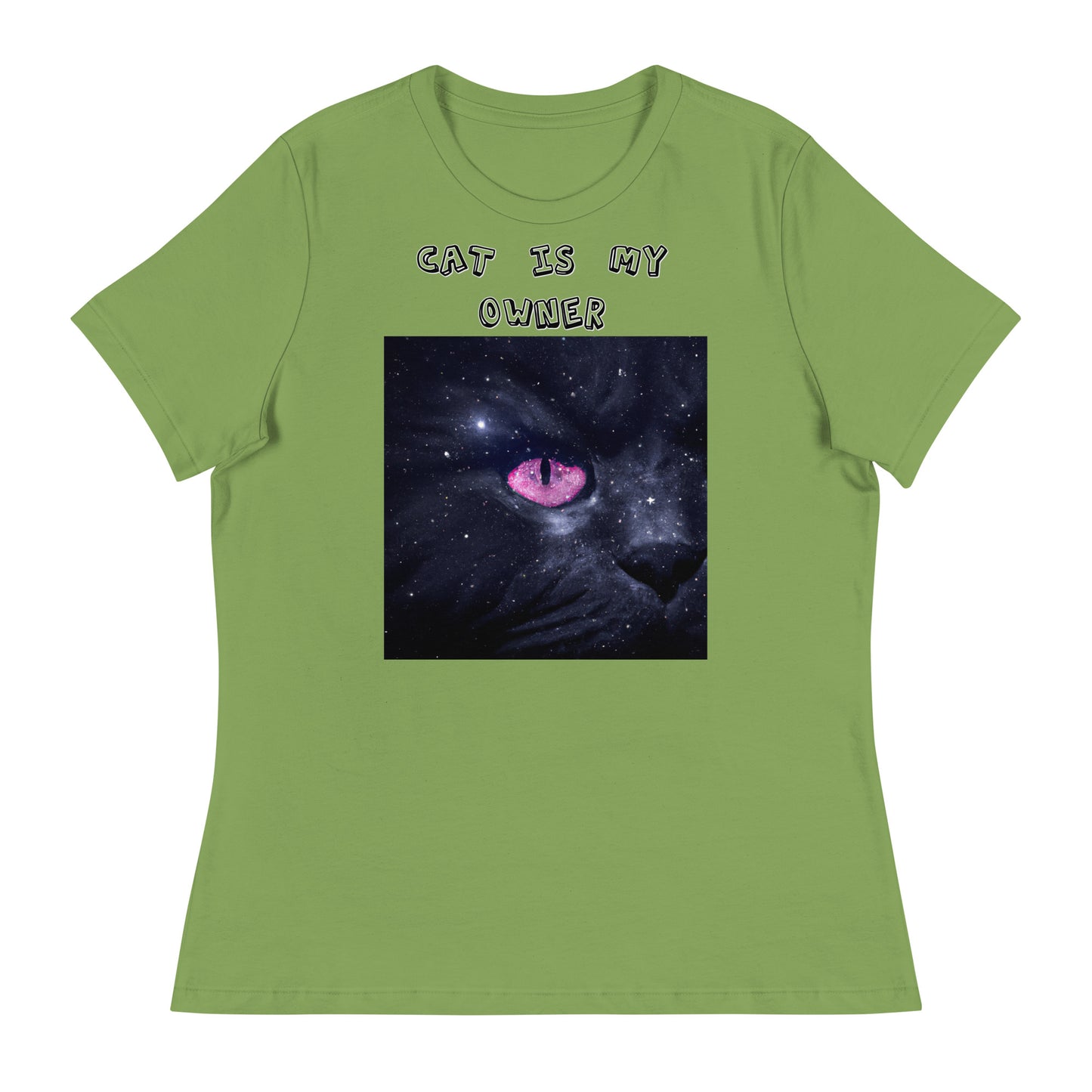 Women's White T-Shirt with Pink Galaxy Eyed Cat with a text "Cat Is My Owner" at $25.97 found at Personalizedpetlovergifts