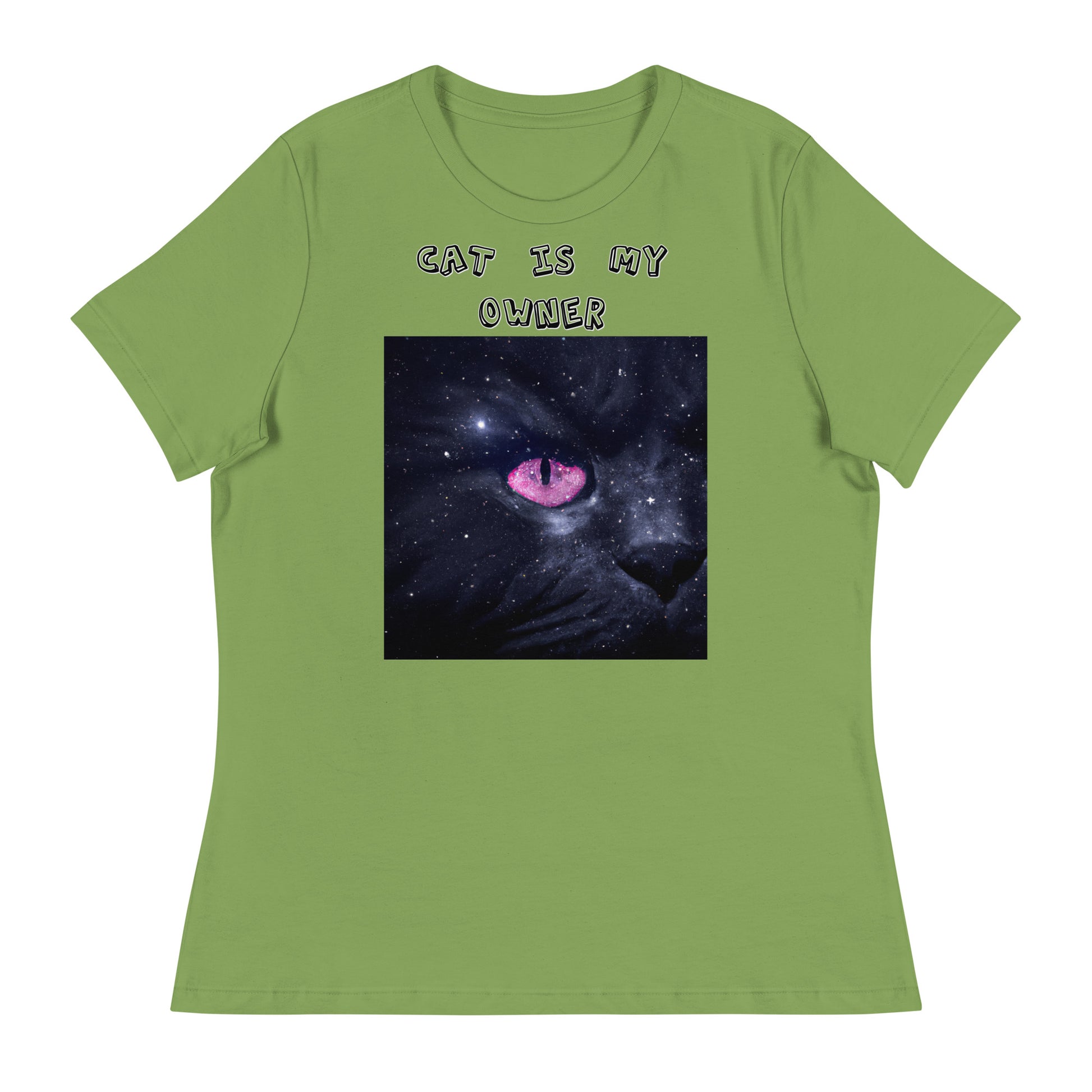 Women's White T-Shirt with Pink Galaxy Eyed Cat with a text "Cat Is My Owner" at $25.97 found at Personalizedpetlovergifts