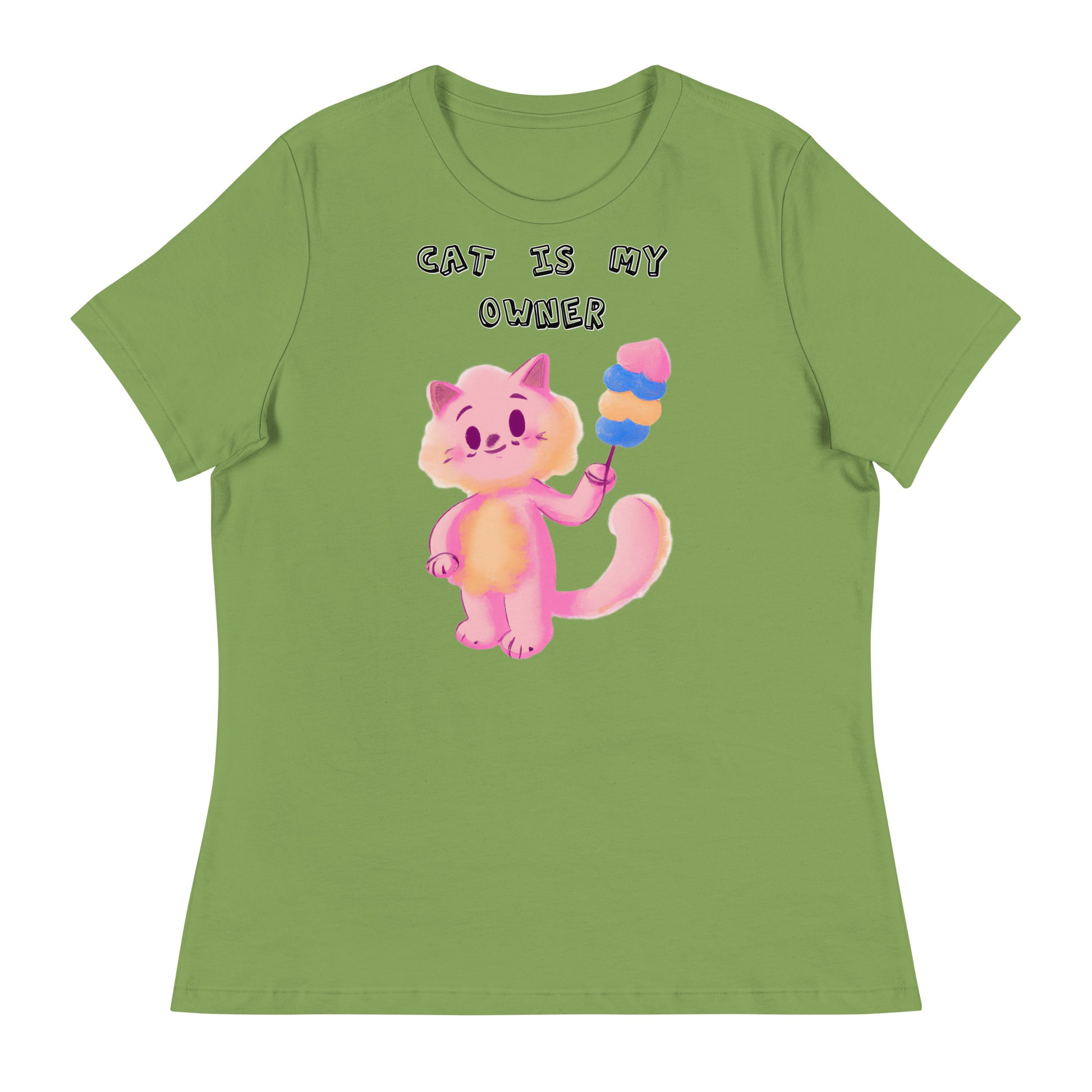 Women's White T-Shirt with Pink Cat With Cotton Candy with a text "Cat Is My Owner" at $25.97 found at Personalizedpetlovergifts