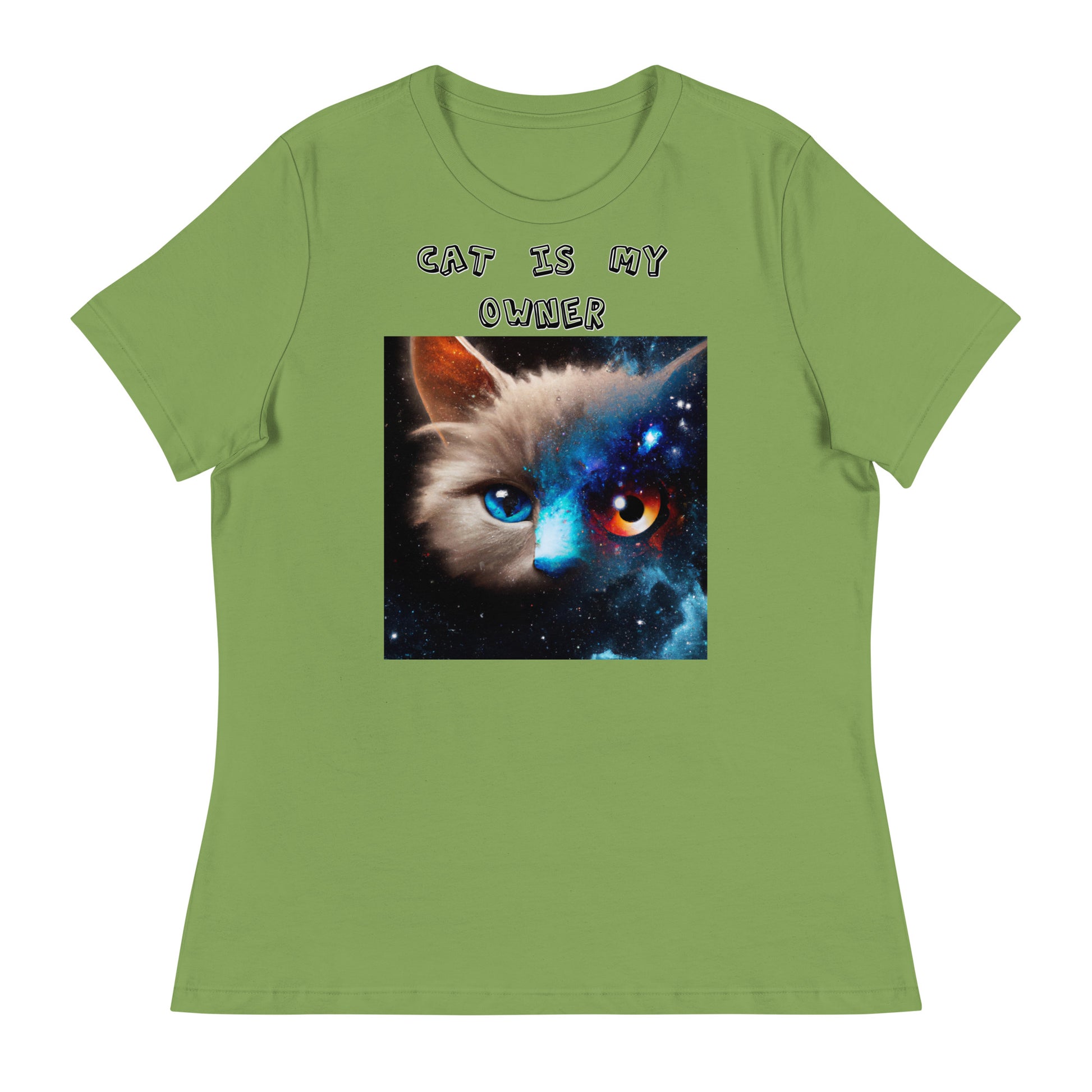 Women's White T-Shirt with Multi Colored Eyed Cat with a text "Cat Is My Owner" at $25.97 found at Personalizedpetlovergifts