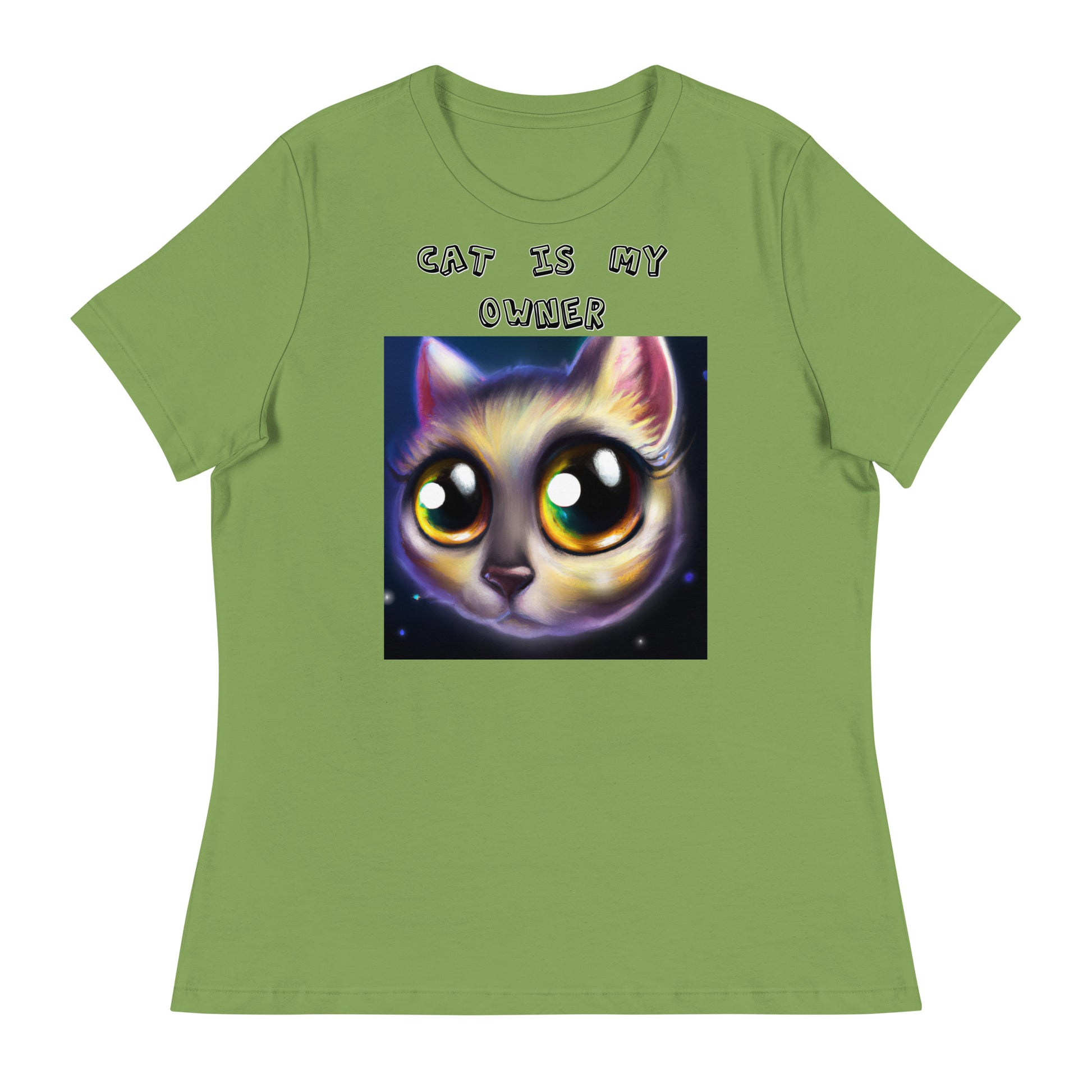 Women's White T-Shirt with Kitten With Cute Sad Eyes with a text "Cat Is My Owner" at $25.97 found at Personalizedpetlovergifts