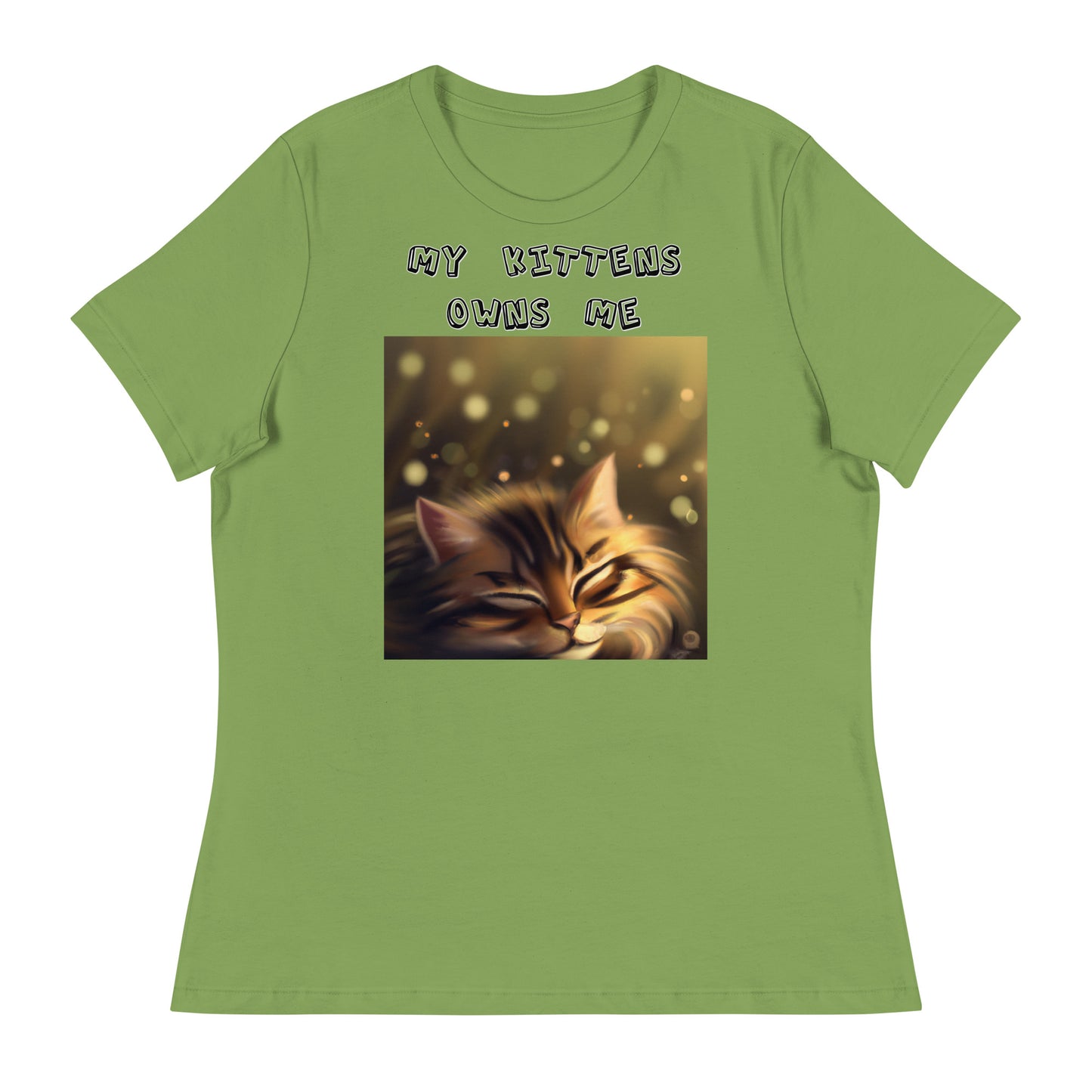 Women's White T-Shirt with Sleepy Cat with a text "My Kittens Own Me" at $25.97 found at Personalizedpetlovergifts