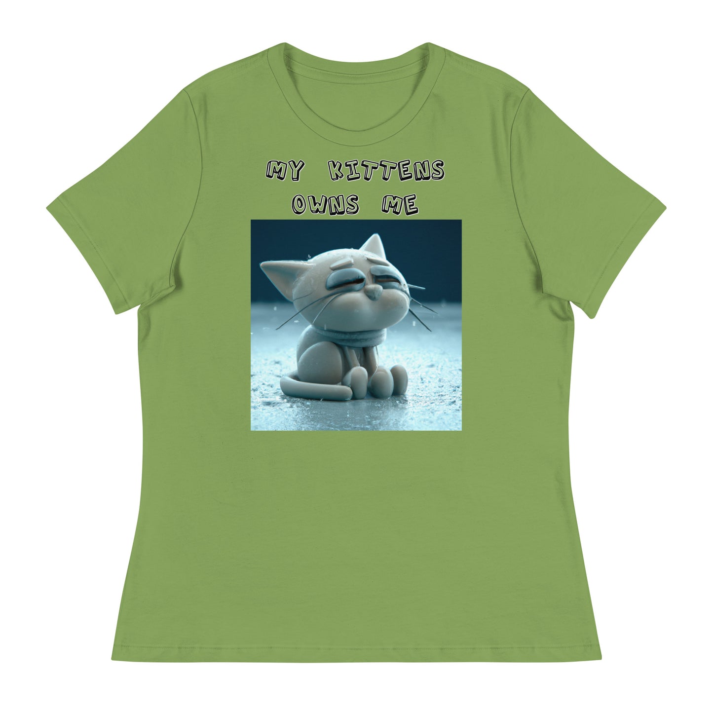 Women's White T-Shirt with Sad Sitting Kitten with a text "My Kittens Own Me" at $25.97 found at Personalizedpetlovergifts