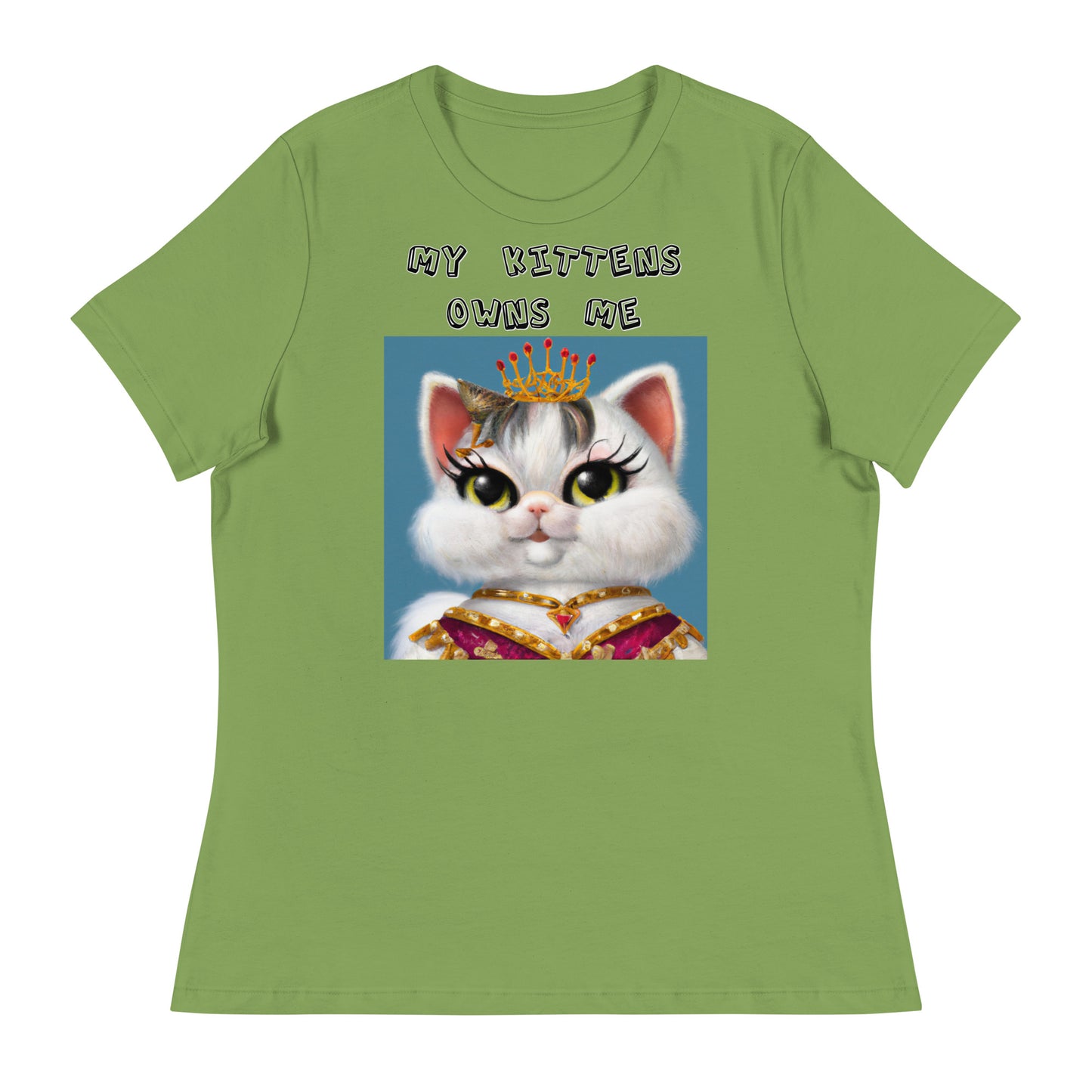 Women's White T-Shirt with Pretty Queen Cat with a text "My Kittens Own Me" at $25.97 found at Personalizedpetlovergifts