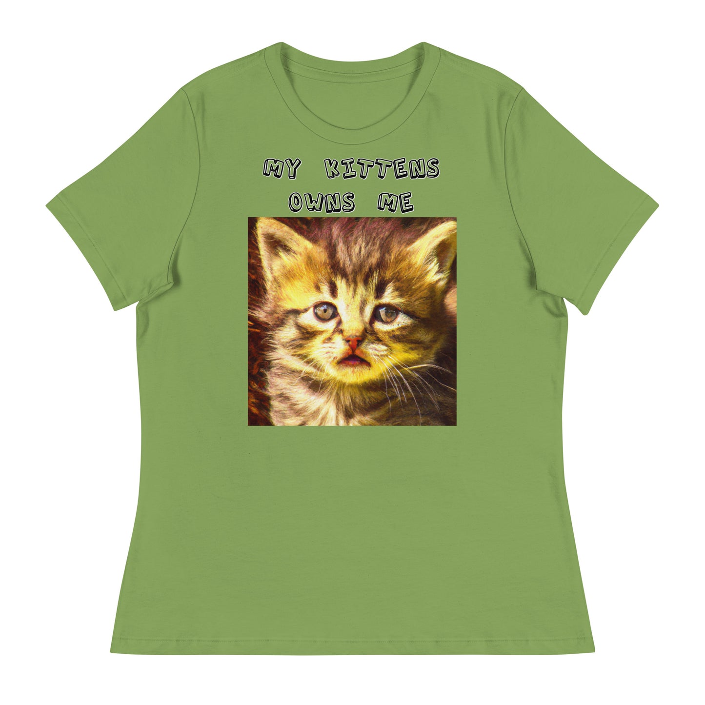 Women's White T-Shirt with Portrait Of a Fluffy Kitten with a text "My Kittens Own Me" at $25.97 found at Personalizedpetlovergifts