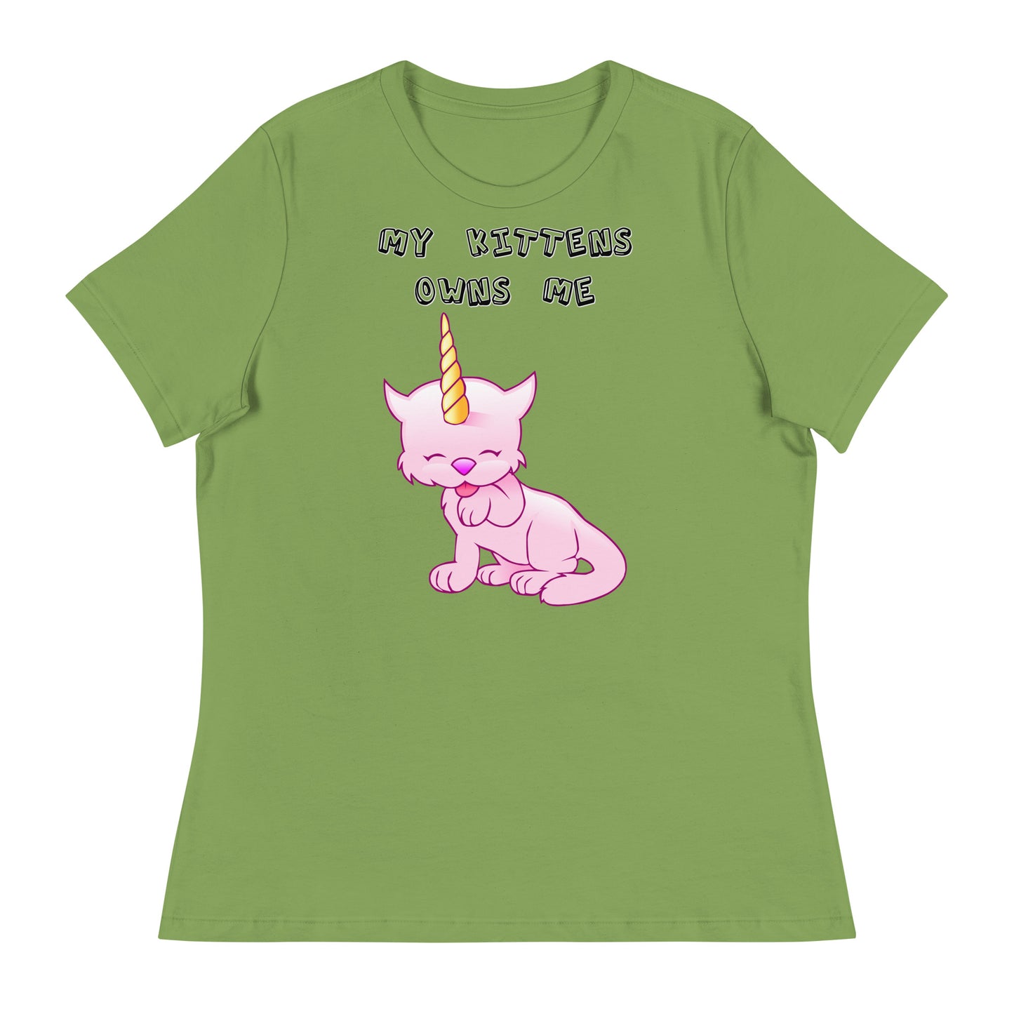 Women's White T-Shirt with Pink Unicorn Cat Licking Its Paw with a text "My Kittens Own Me" at $25.97 found at Personalizedpetlovergifts