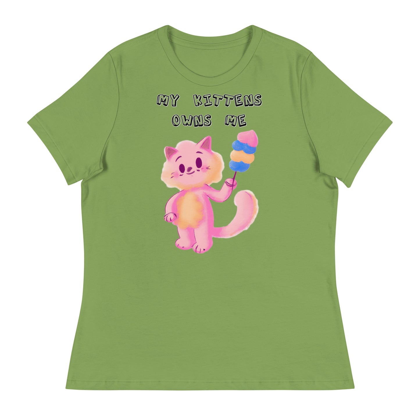 Women's White T-Shirt with Pink Cat With Cotton Candy with a text "My Kittens Own Me" at $25.97 found at Personalizedpetlovergifts