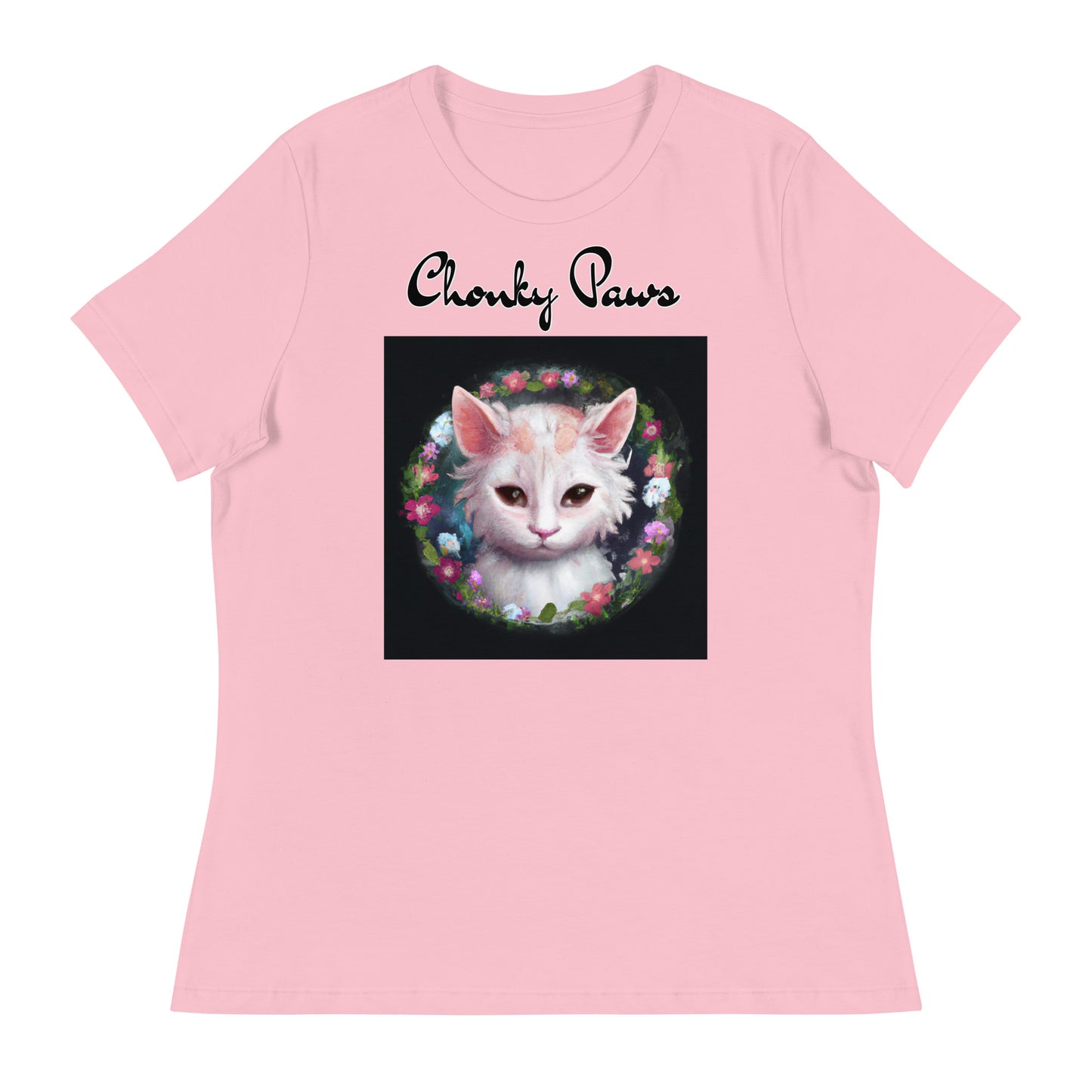 Women's T-Shirt with Kitten In a Floral Circle with a text "Chonky Paws" at $25.97 found at Personalizedpetlovergifts