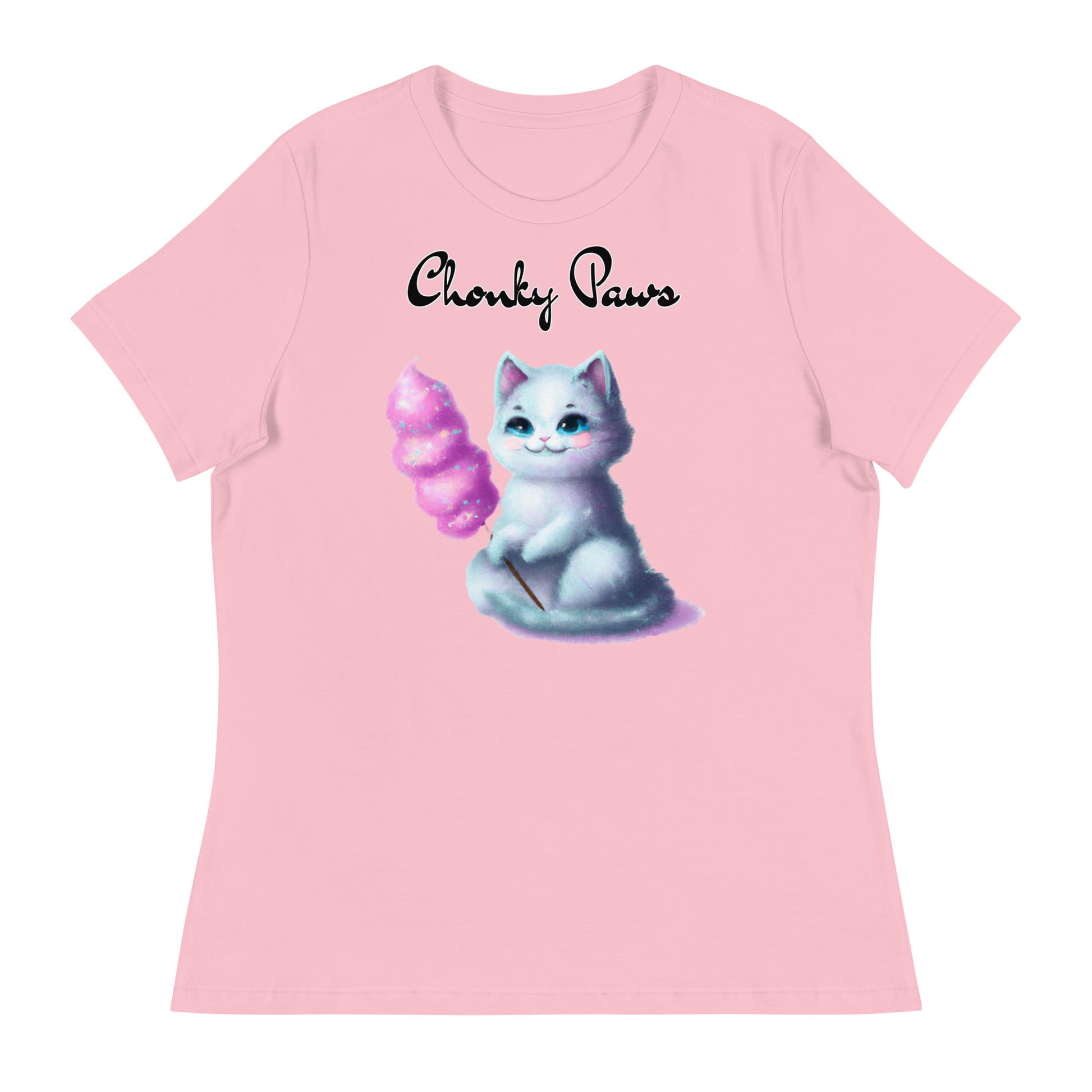 Women's T-Shirt with Kitten Holding A Cotton Candy with a text "Chonky Paws" at $25.97 found at Personalizedpetlovergifts