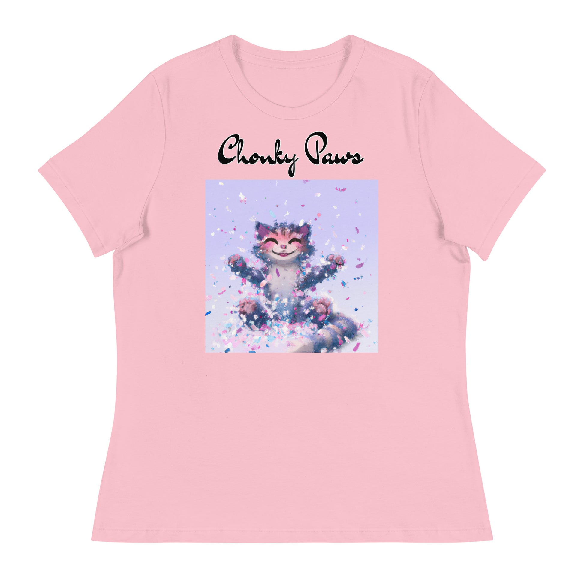 Women's T-Shirt with Kitten Enjoying Confetti with a text "Chonky Paws" at $25.97 found at Personalizedpetlovergifts