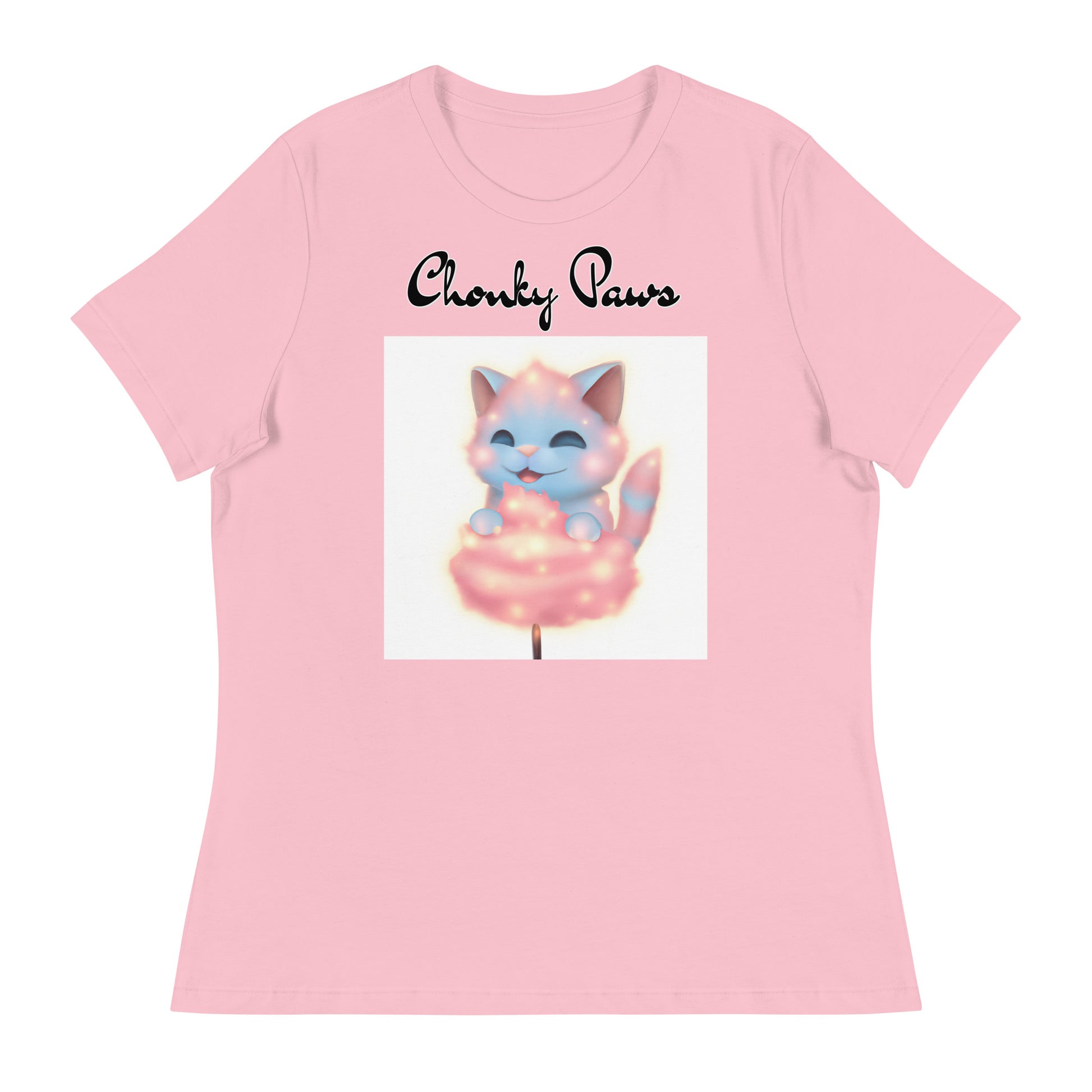 Women's T-Shirt with Kitten Enjoying a Cotton Candy with a text "Chonky Paws" at $25.97 found at Personalizedpetlovergifts