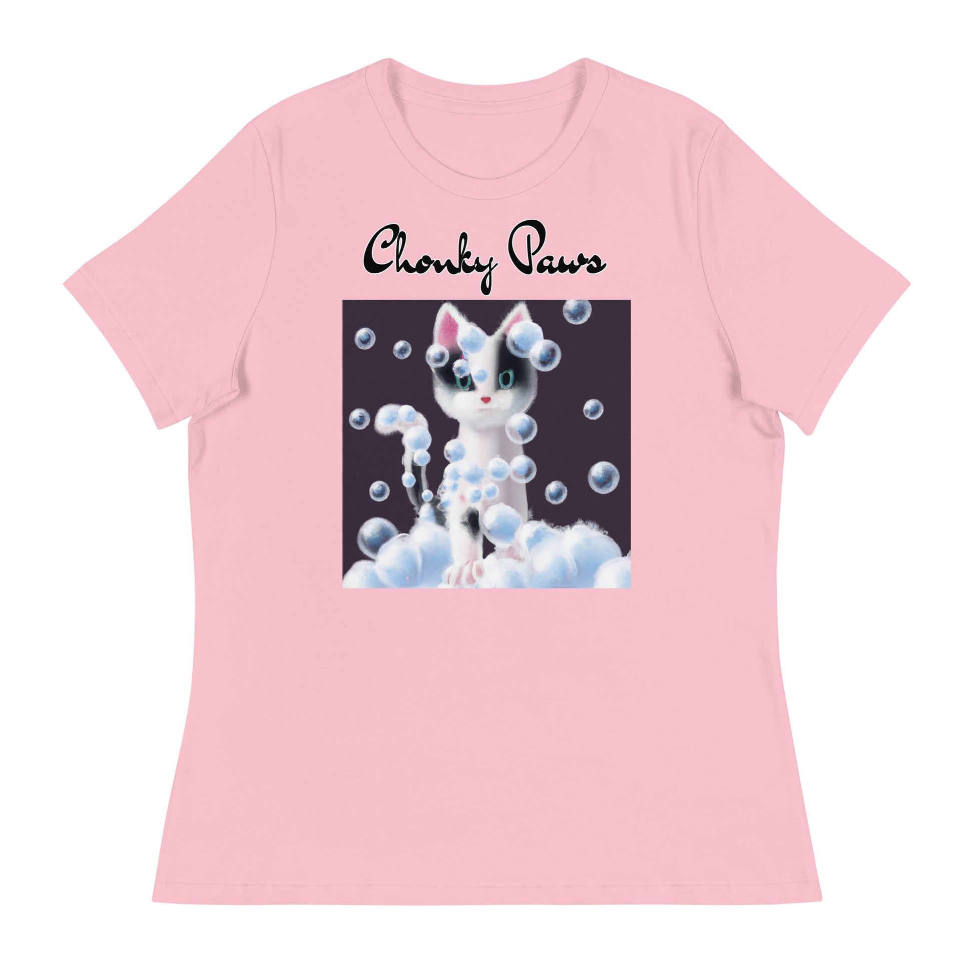 Women's T-Shirt with Kitten Covered In Bubbles with a text "Chonky Paws" at $25.97 found at Personalizedpetlovergifts