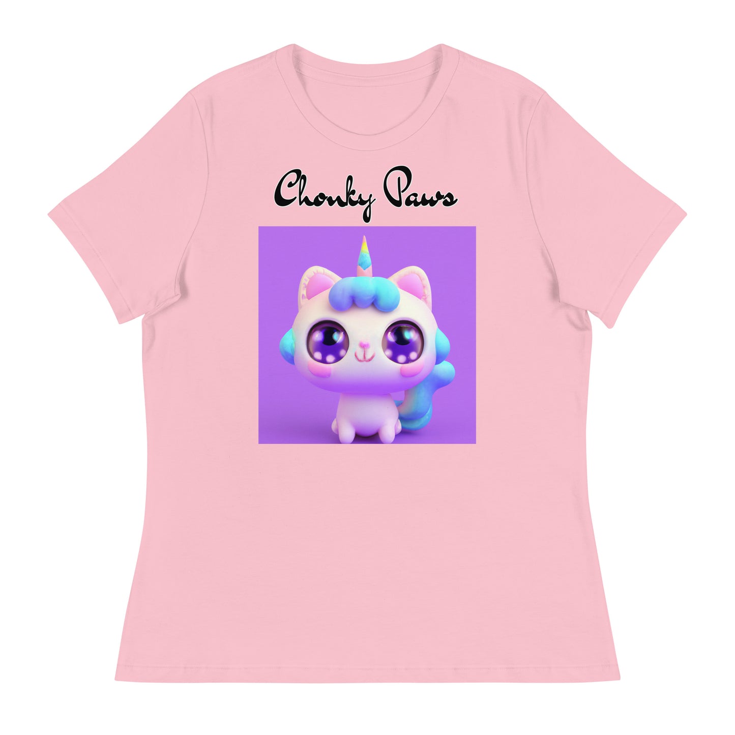 Women's T-Shirt with Happy Unicorn Kitten with a text "Chonky Paws" at $25.97 found at Personalizedpetlovergifts