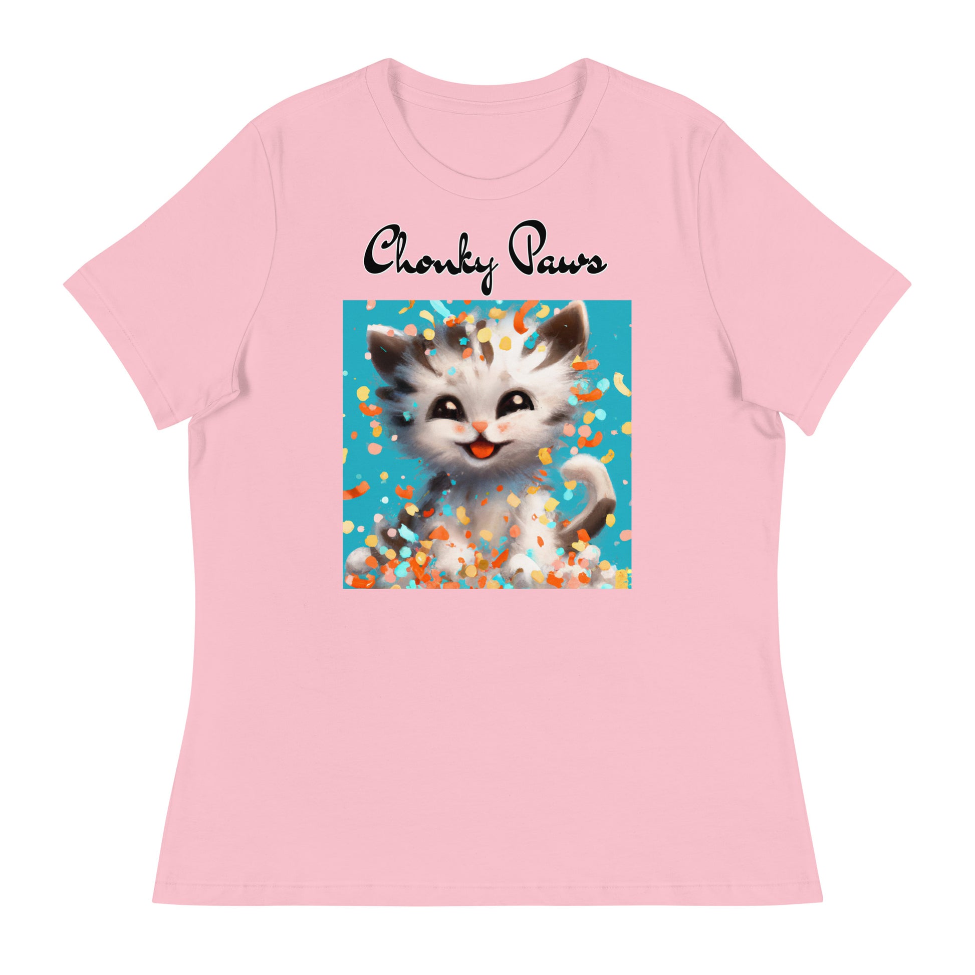 Women's T-Shirt with Happy Kitten With Confetti with a text "Chonky Paws" at $25.97 found at Personalizedpetlovergifts