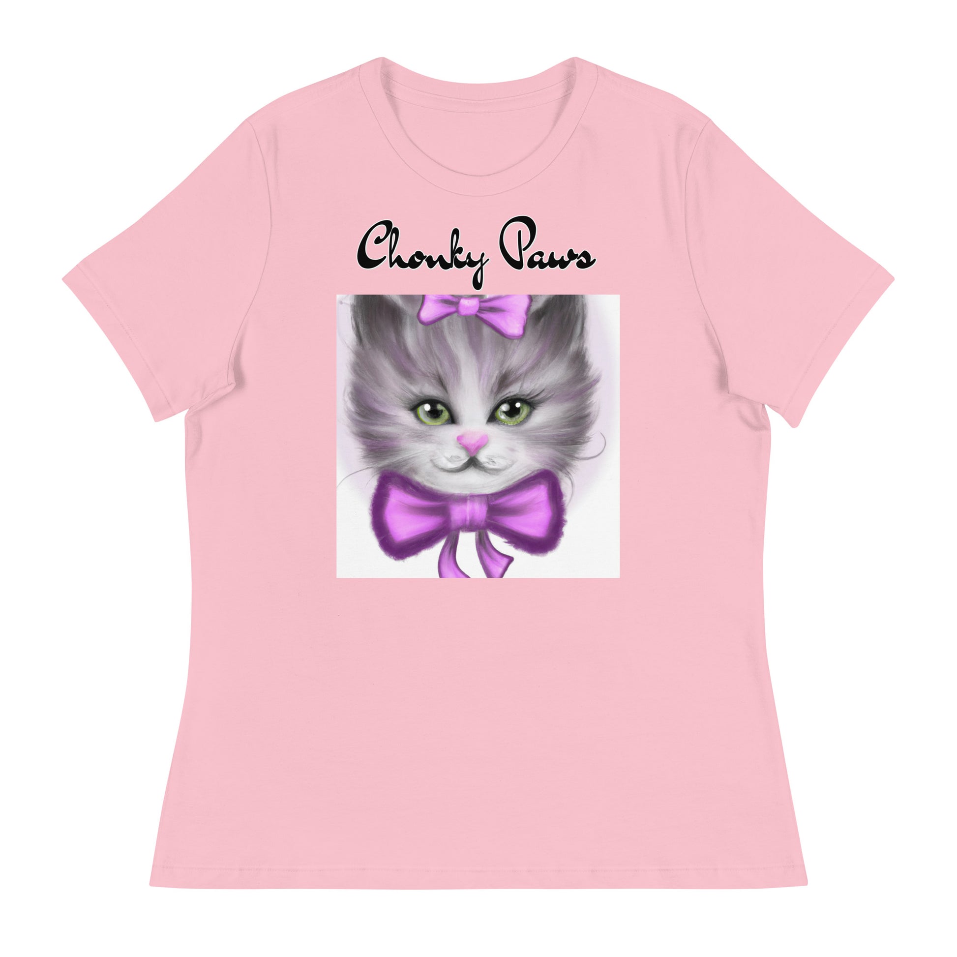 Women's T-Shirt with Happy Kitten With a Purple Bow with a text "Chonky Paws" at $25.97 found at Personalizedpetlovergifts