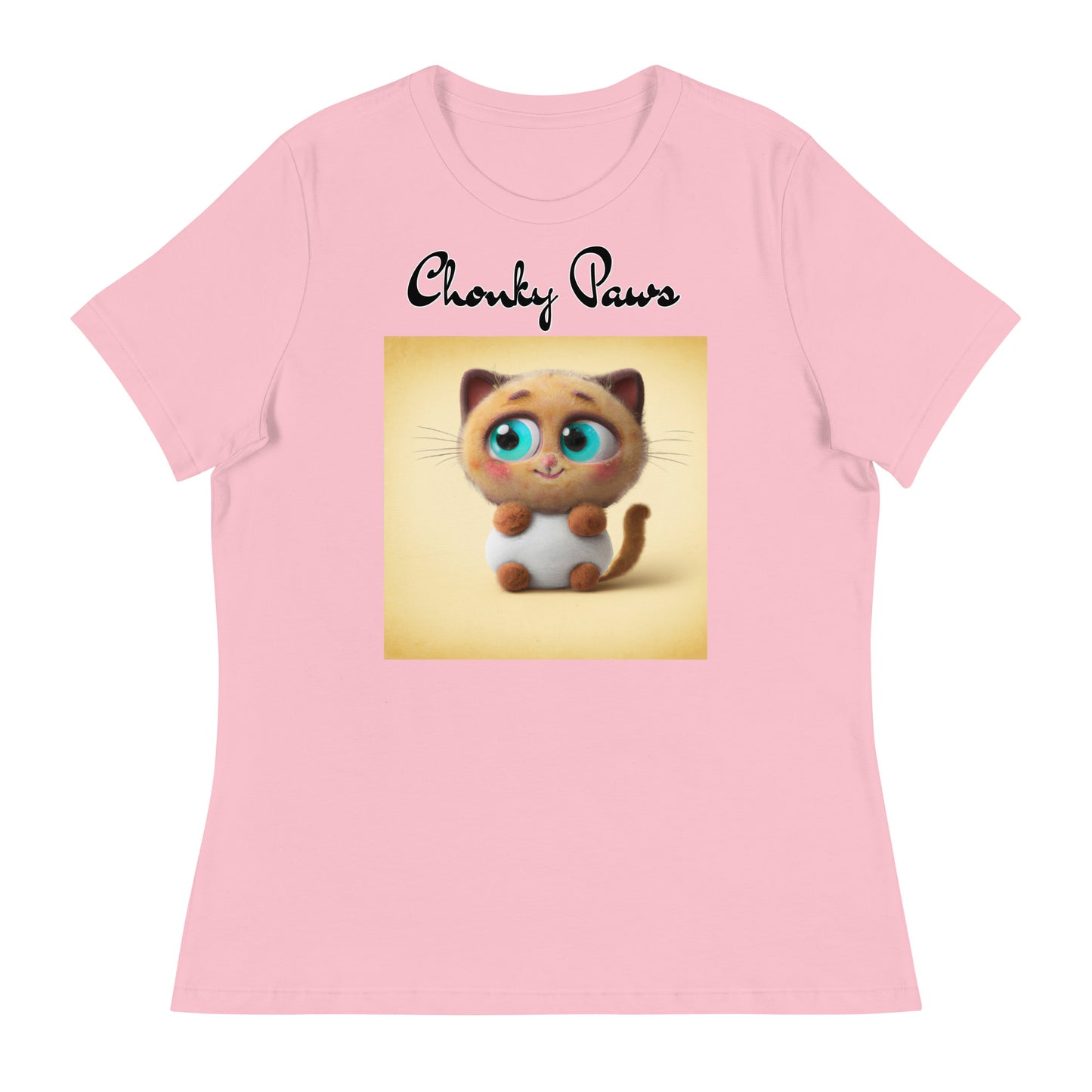 Women's T-Shirt with Happy Fluffy Kitten with a text "Chonky Paws" at $25.97 found at Personalizedpetlovergifts