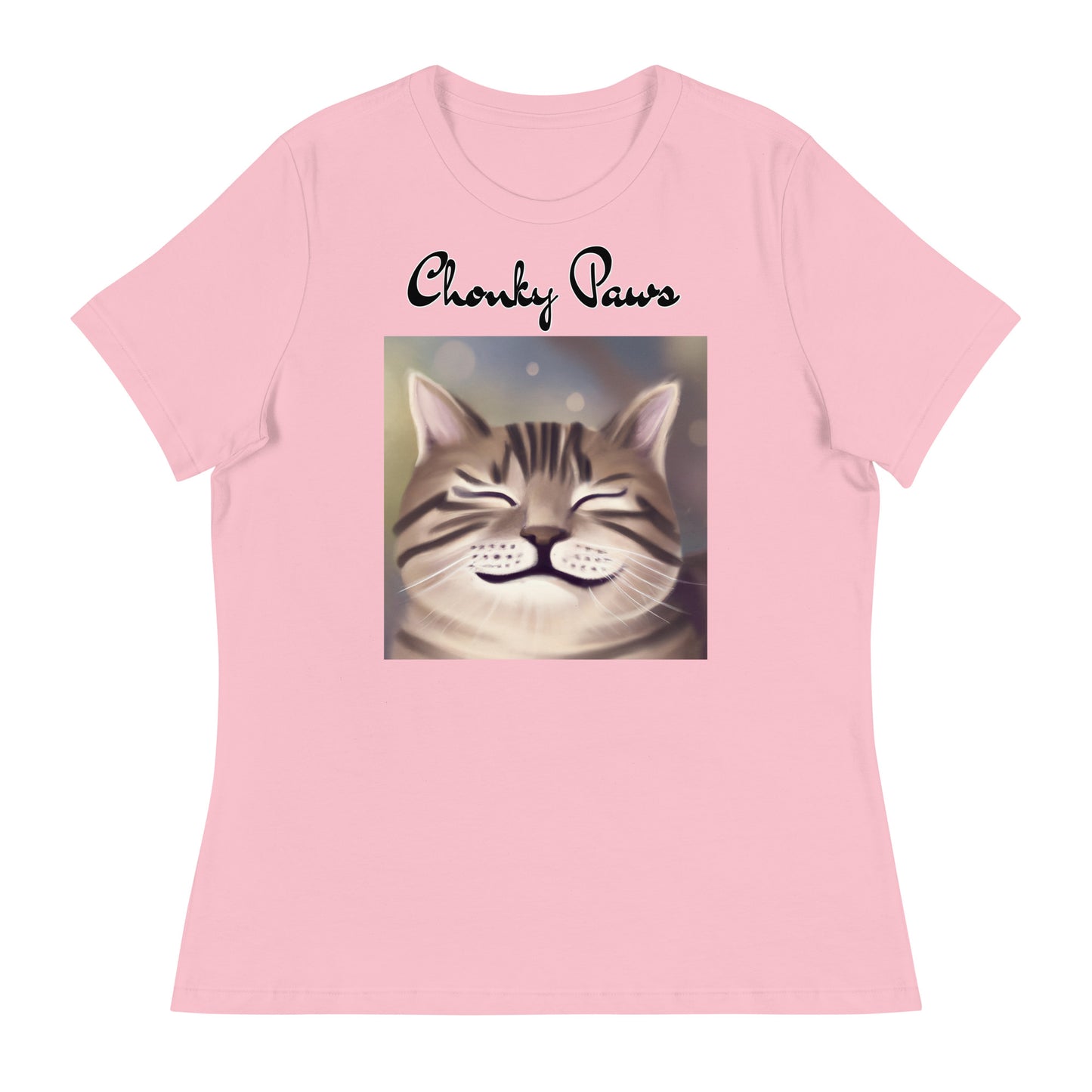 Women's T-Shirt with Happy Cat Purring with a text "Chonky Paws" at $25.97 found at Personalizedpetlovergifts