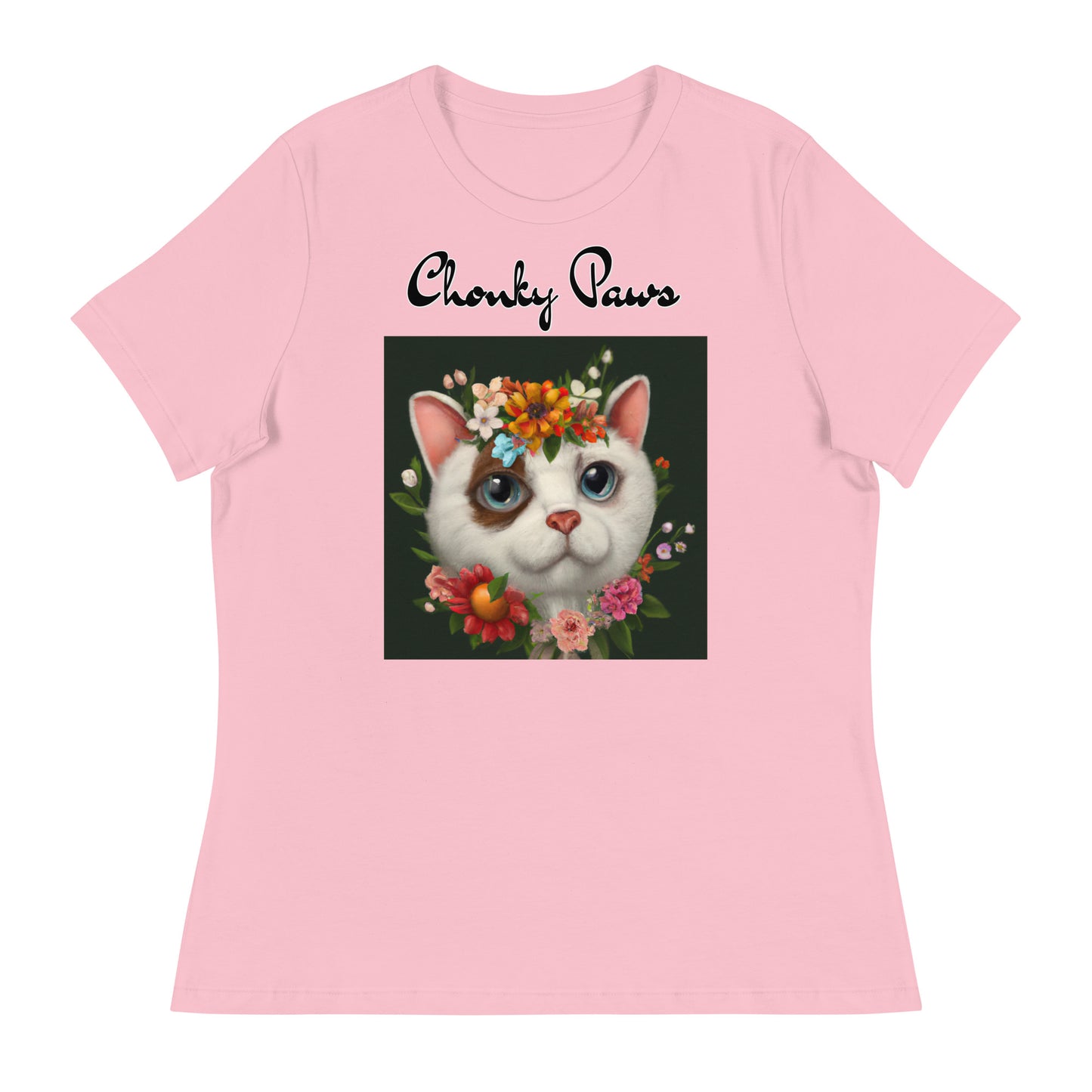 Women's T-Shirt with Happy Cat Portrait With Flowers with a text "Chonky Paws" at $25.97 found at Personalizedpetlovergifts