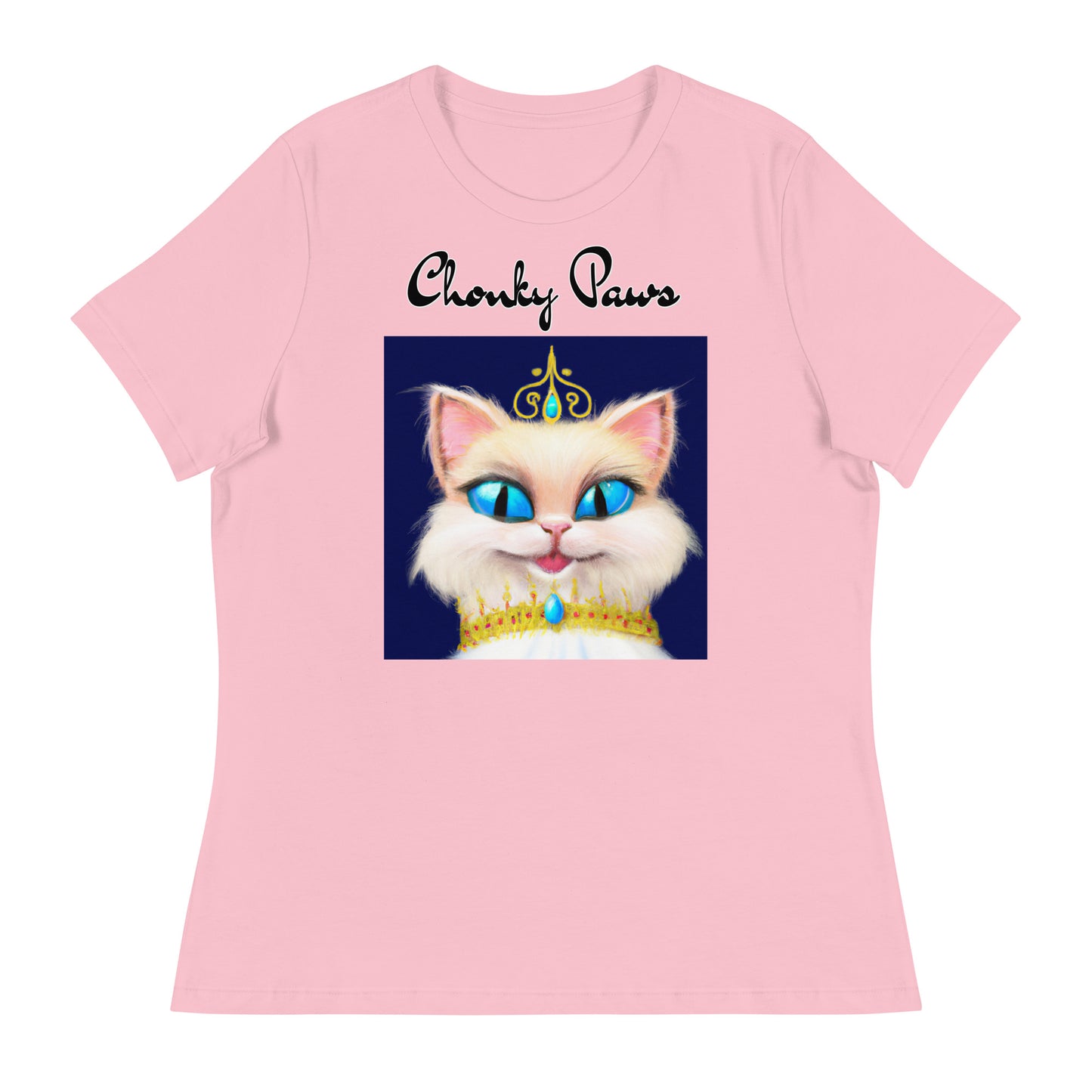 Women's T-Shirt with Happy Blue Eyed Kitten Princess with a text "Chonky Paws" at $25.97 found at Personalizedpetlovergifts