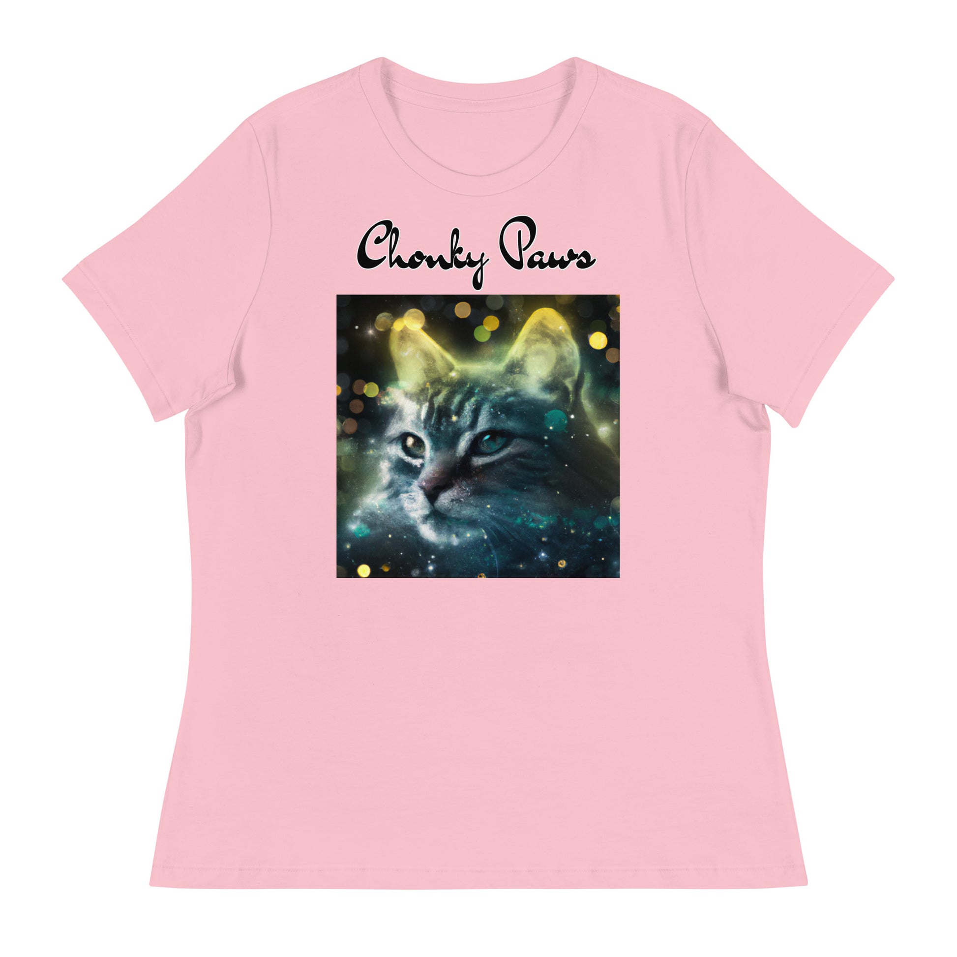 Women's T-Shirt with Green Space Cat with a text "Chonky Paws" at $25.97 found at Personalizedpetlovergifts