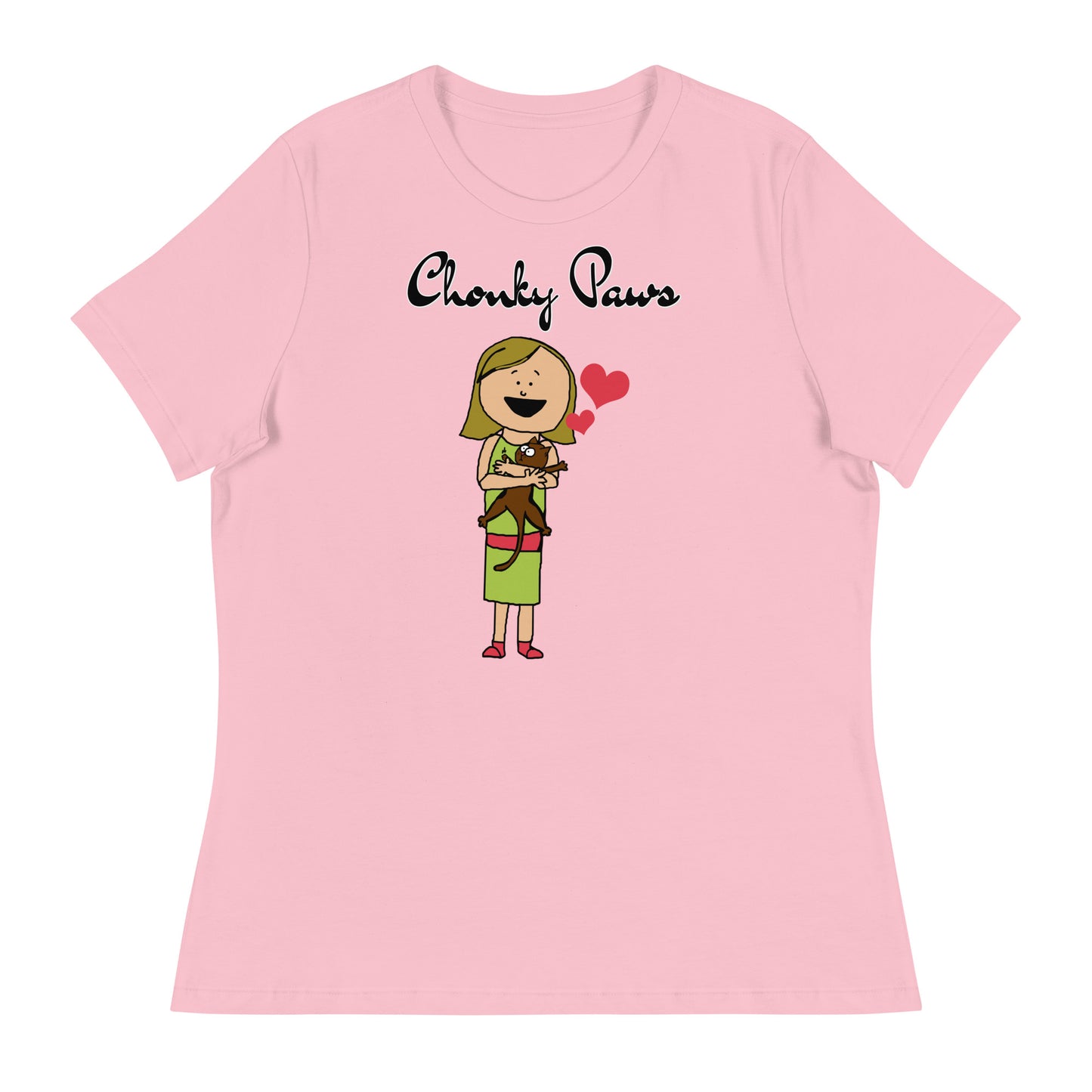 Women's T-Shirt with Girl Holding a Kitten with a text "Chonky Paws" at $25.97 found at Personalizedpetlovergifts