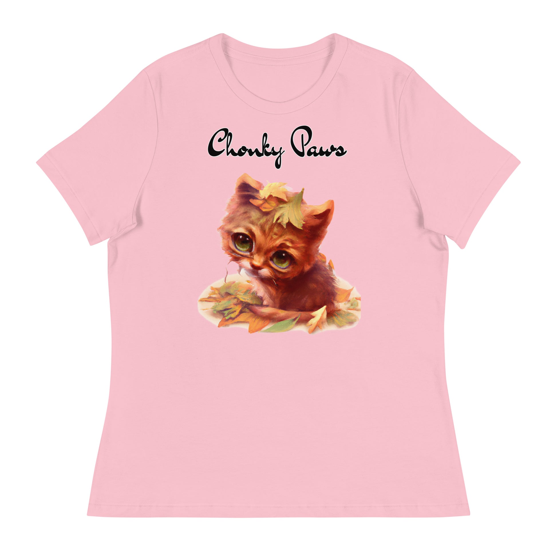 Women's T-Shirt with Ginger Cat With Autumn Leaves with a text "Chonky Paws" at $25.97 found at Personalizedpetlovergifts