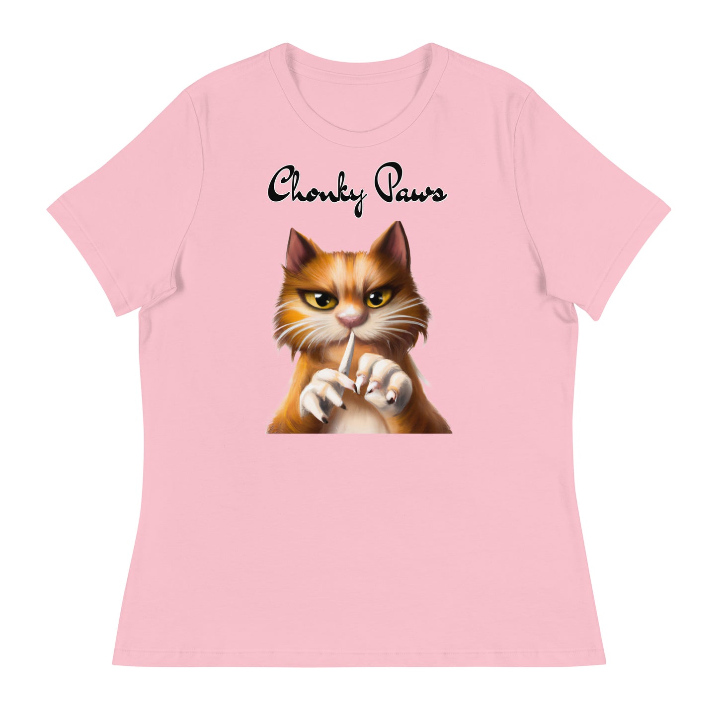 Women's T-Shirt with Ginger Cat Filing Its Nails with a text "Chonky Paws" at $25.97 found at Personalizedpetlovergifts