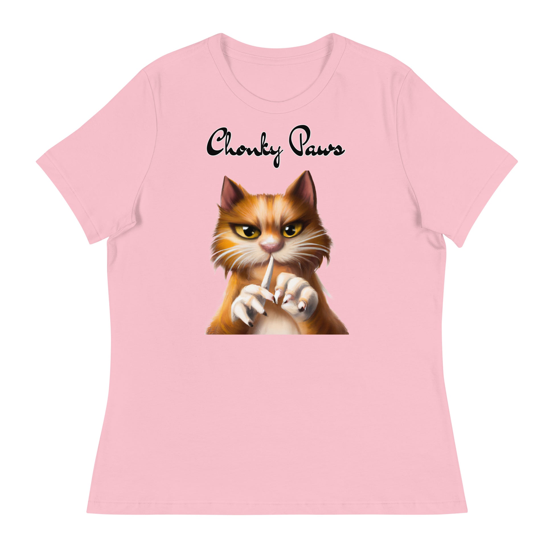 Women's T-Shirt with Ginger Cat Filing Its Nails with a text "Chonky Paws" at $25.97 found at Personalizedpetlovergifts