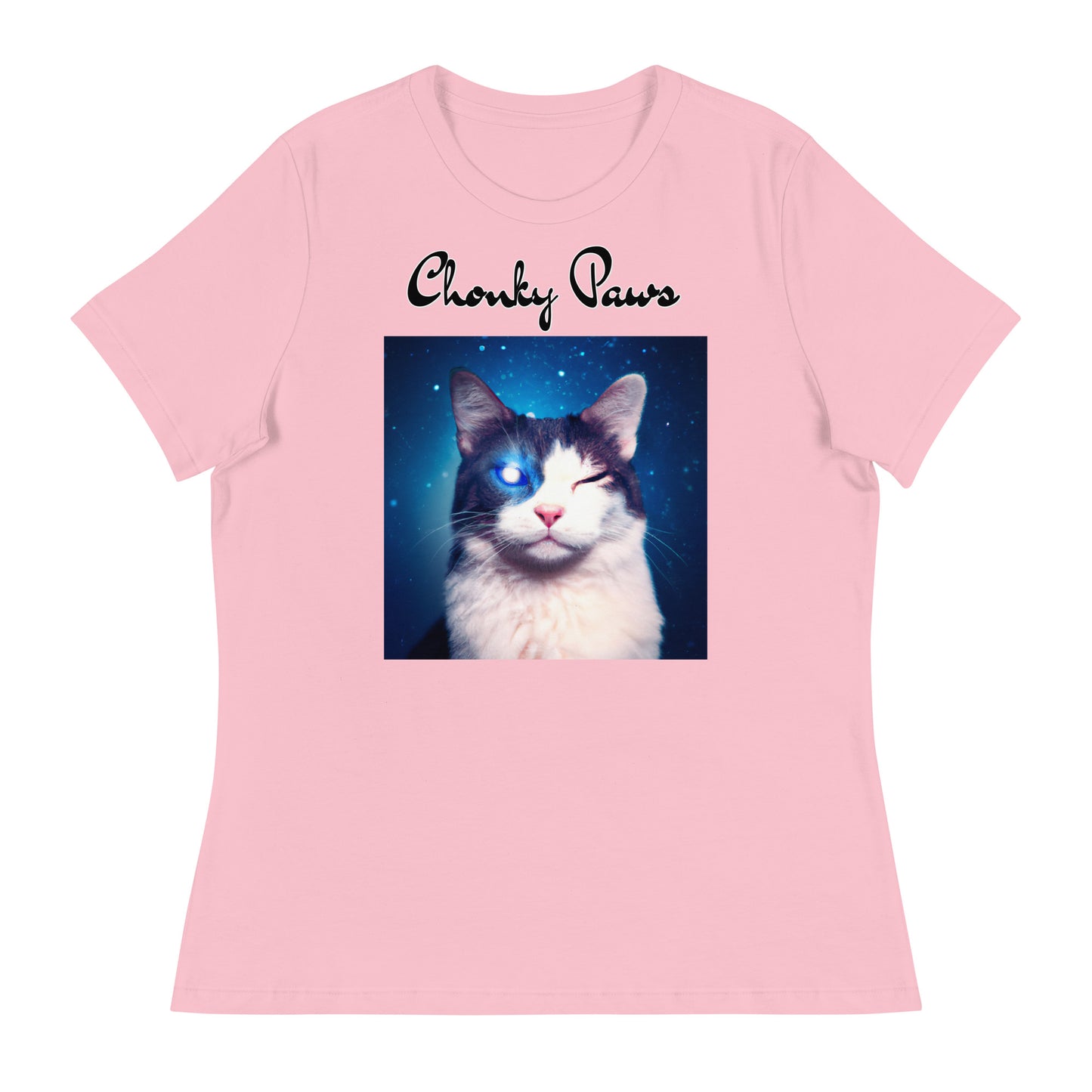 Women's T-Shirt with Galaxy Eyed Cat with a text "Chonky Paws" at $25.97 found at Personalizedpetlovergifts