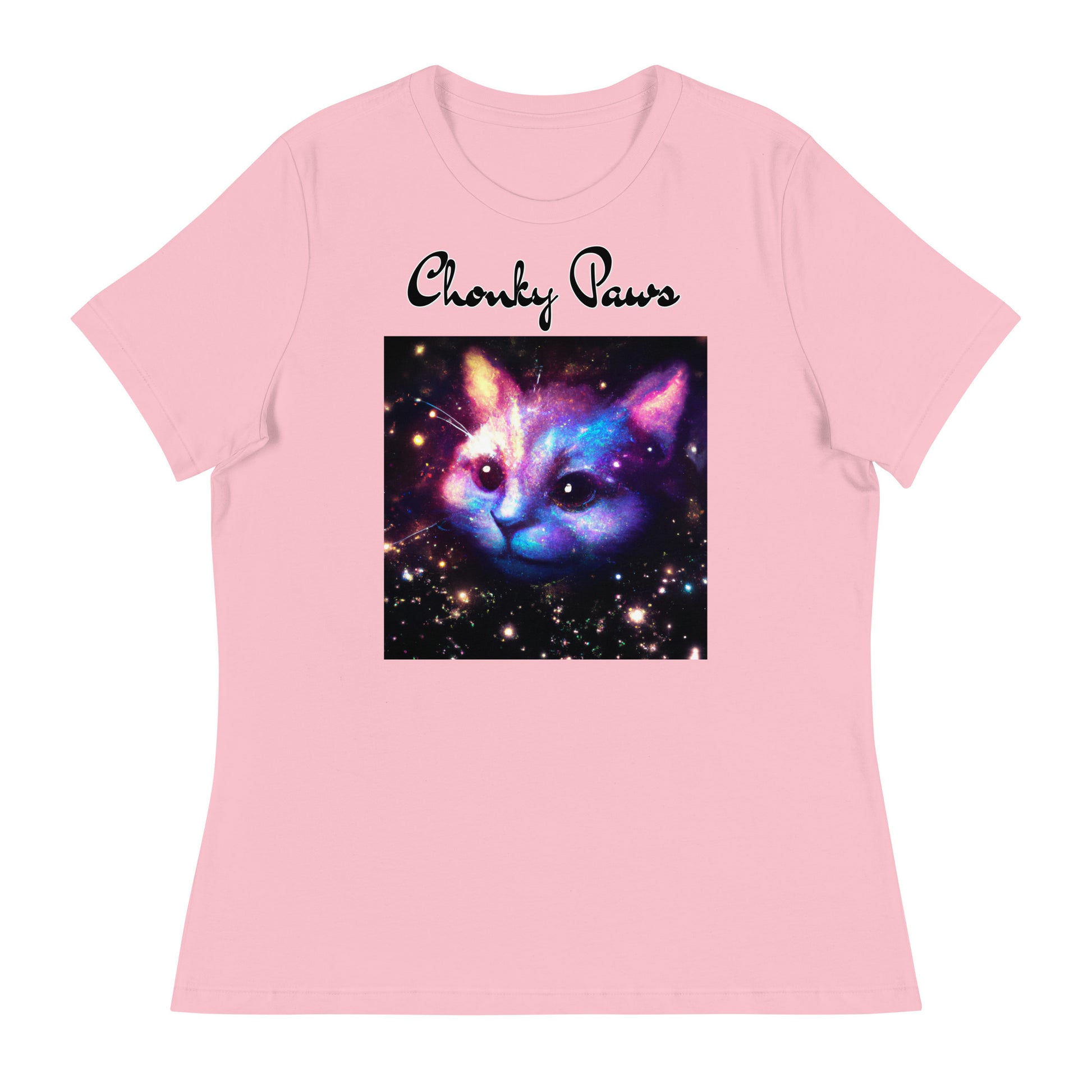 Women's T-Shirt with Galaxy Cat with a text "Chonky Paws" at $25.97 found at Personalizedpetlovergifts