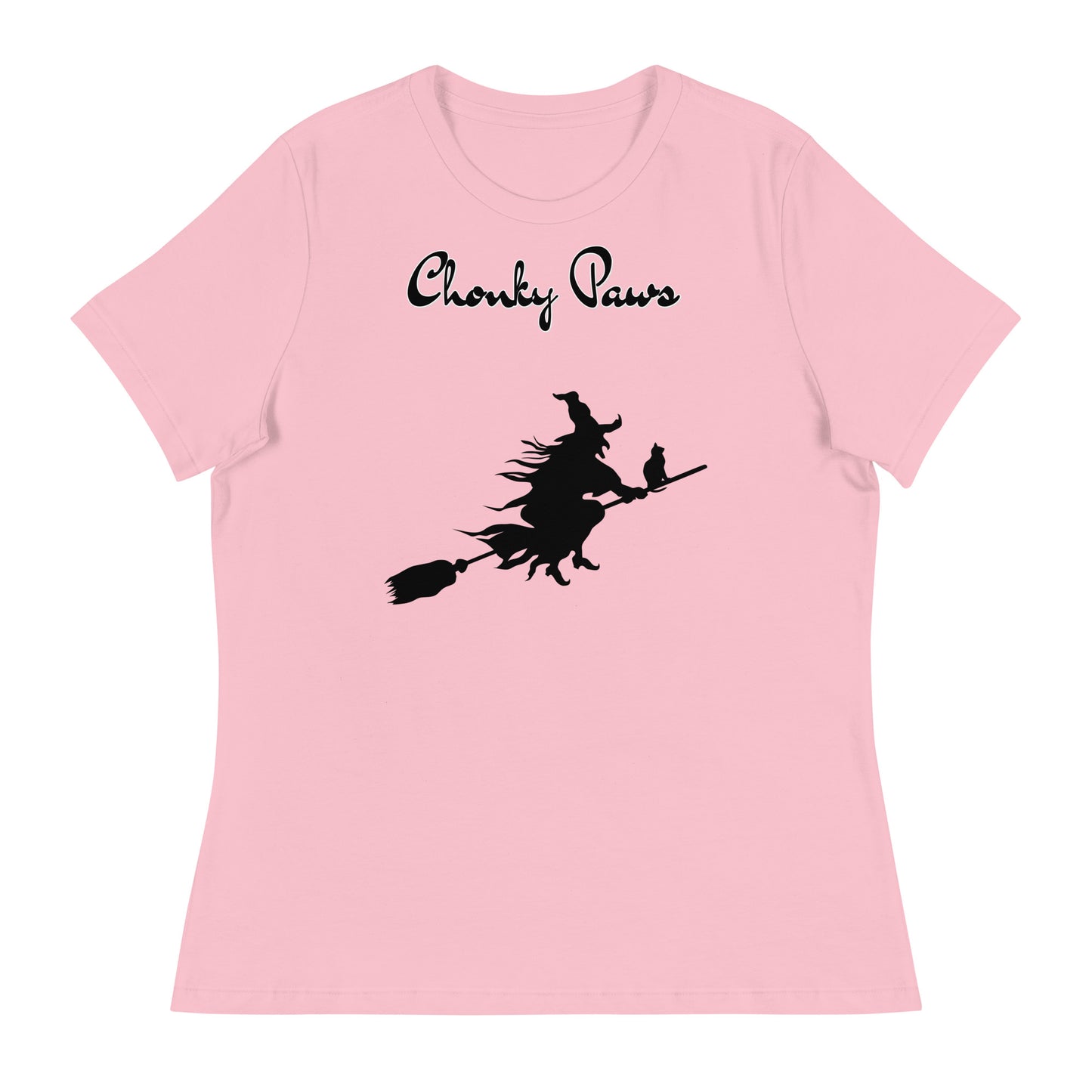 Women's T-Shirt with Flying Witch With Cat On a Broom with a text "Chonky Paws" at $25.97 found at Personalizedpetlovergifts