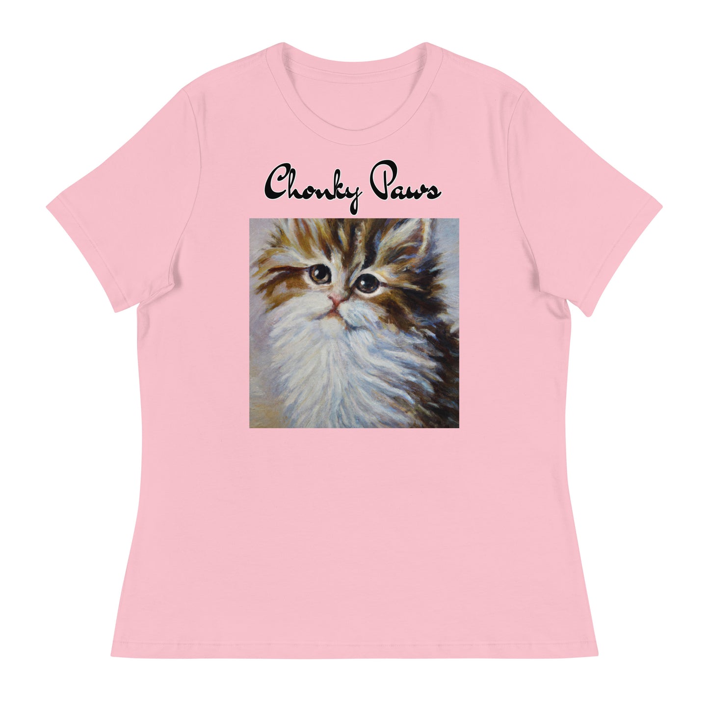 Women's T-Shirt with Fluffy Wispy Kitten Oil Painting with a text "Chonky Paws" at $25.97 found at Personalizedpetlovergifts