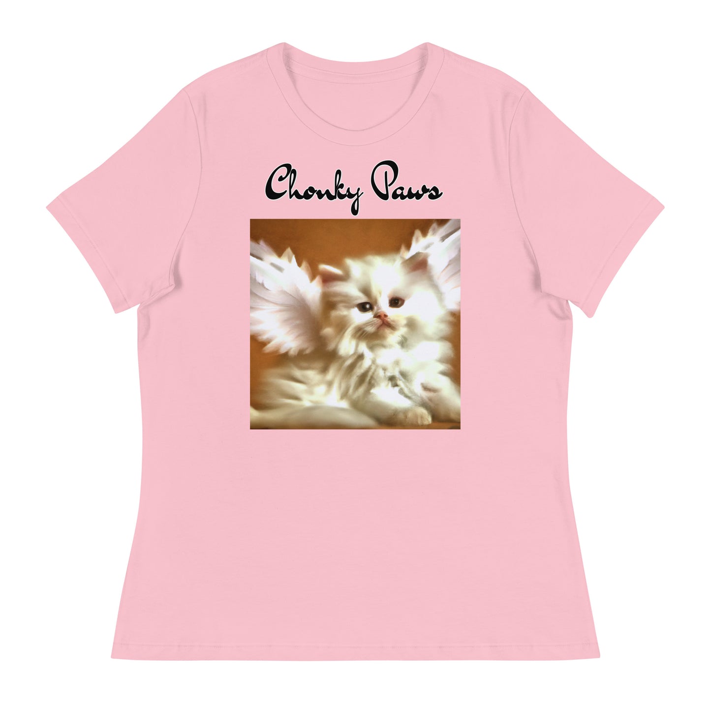 Women's T-Shirt with Fluffy White Kitten With Angel Wings with a text "Chonky Paws" at $25.97 found at Personalizedpetlovergifts