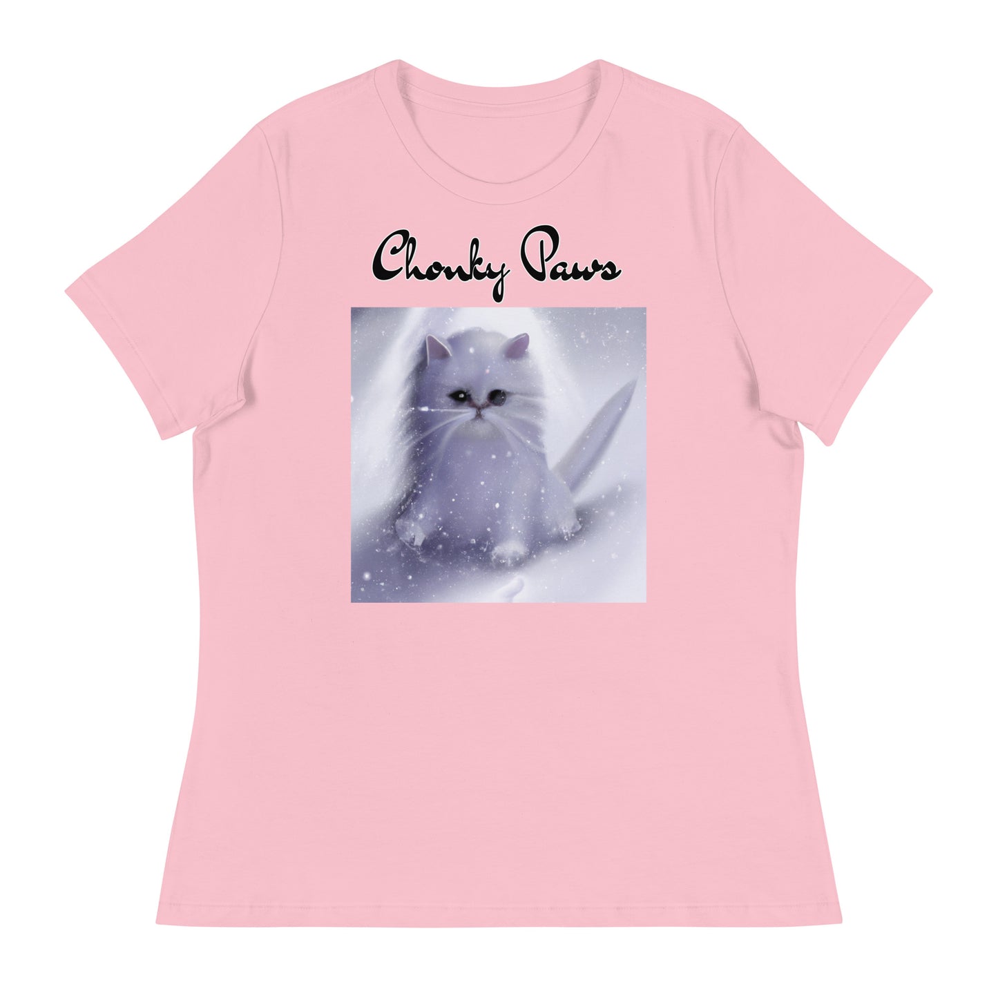 Women's T-Shirt with Fluffy White Kitten In The SNow with a text "Chonky Paws" at $25.97 found at Personalizedpetlovergifts