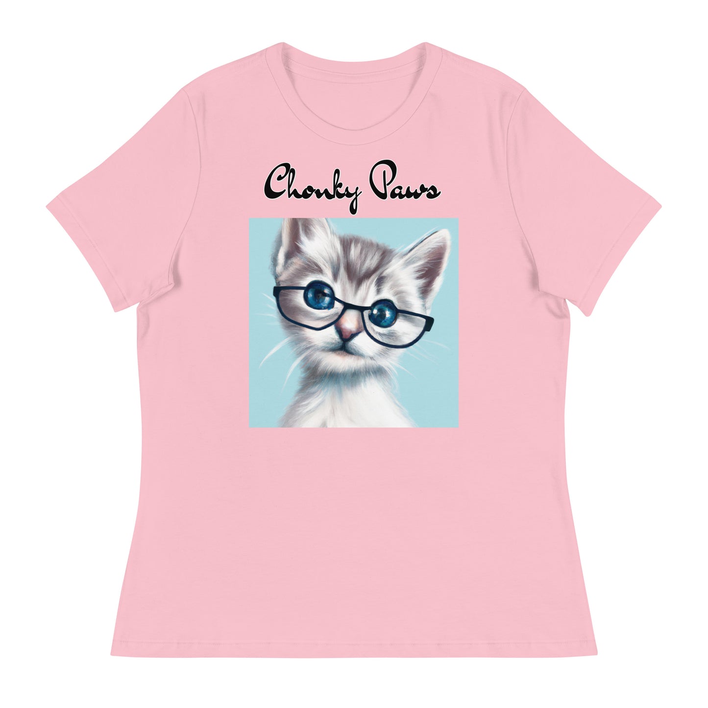 Women's T-Shirt with Fluffy Kitten With Glasses with a text "Chonky Paws" at $25.97 found at Personalizedpetlovergifts