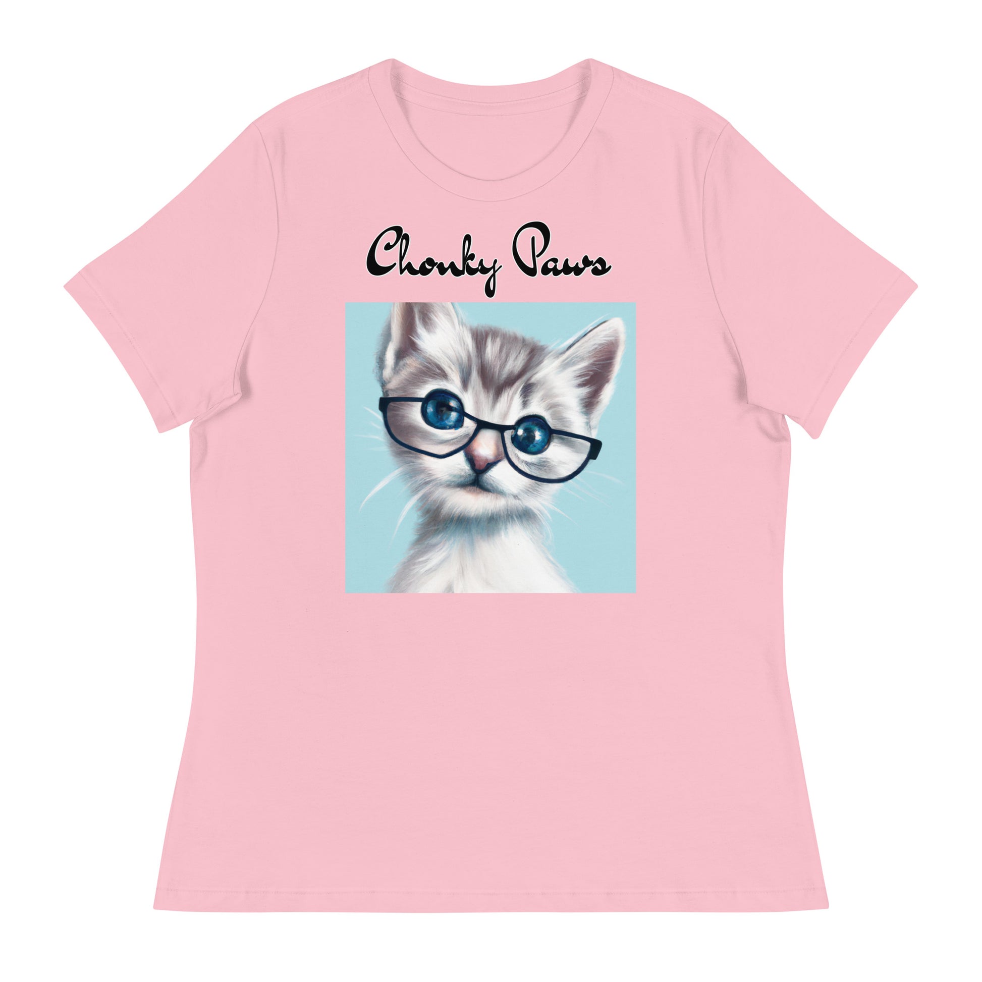 Women's T-Shirt with Fluffy Kitten With Glasses with a text "Chonky Paws" at $25.97 found at Personalizedpetlovergifts