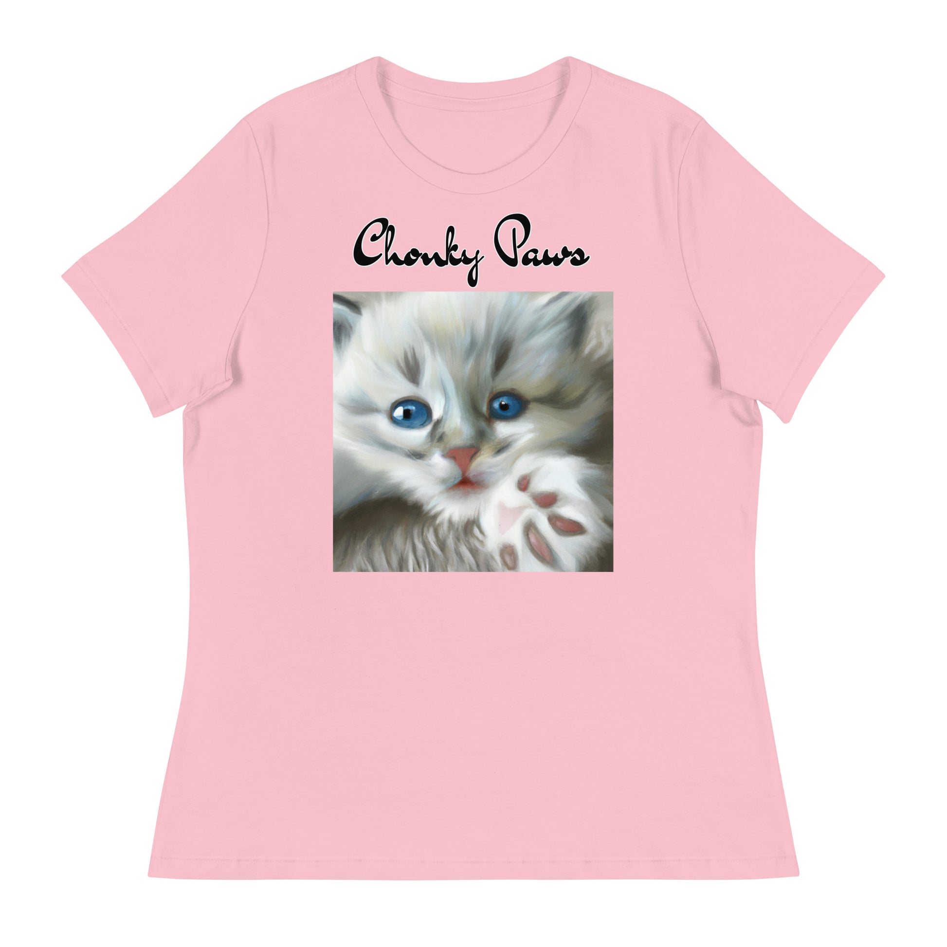 Women's T-Shirt with Fluffy Kitten With Fluffy Paw with a text "Chonky Paws" at $25.97 found at Personalizedpetlovergifts