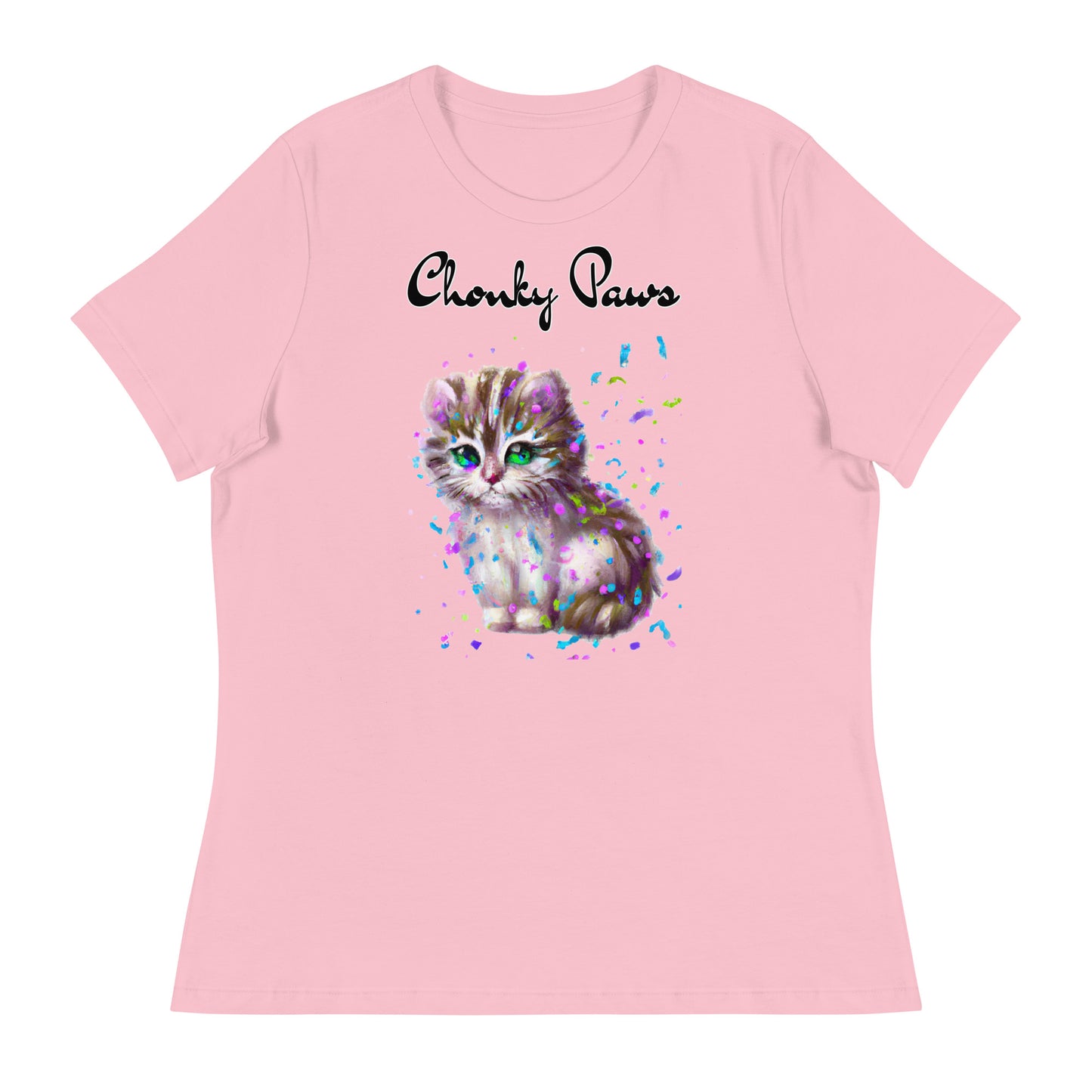 Women's T-Shirt with Fluffy Kitten With Confetti with a text "Chonky Paws" at $25.97 found at Personalizedpetlovergifts