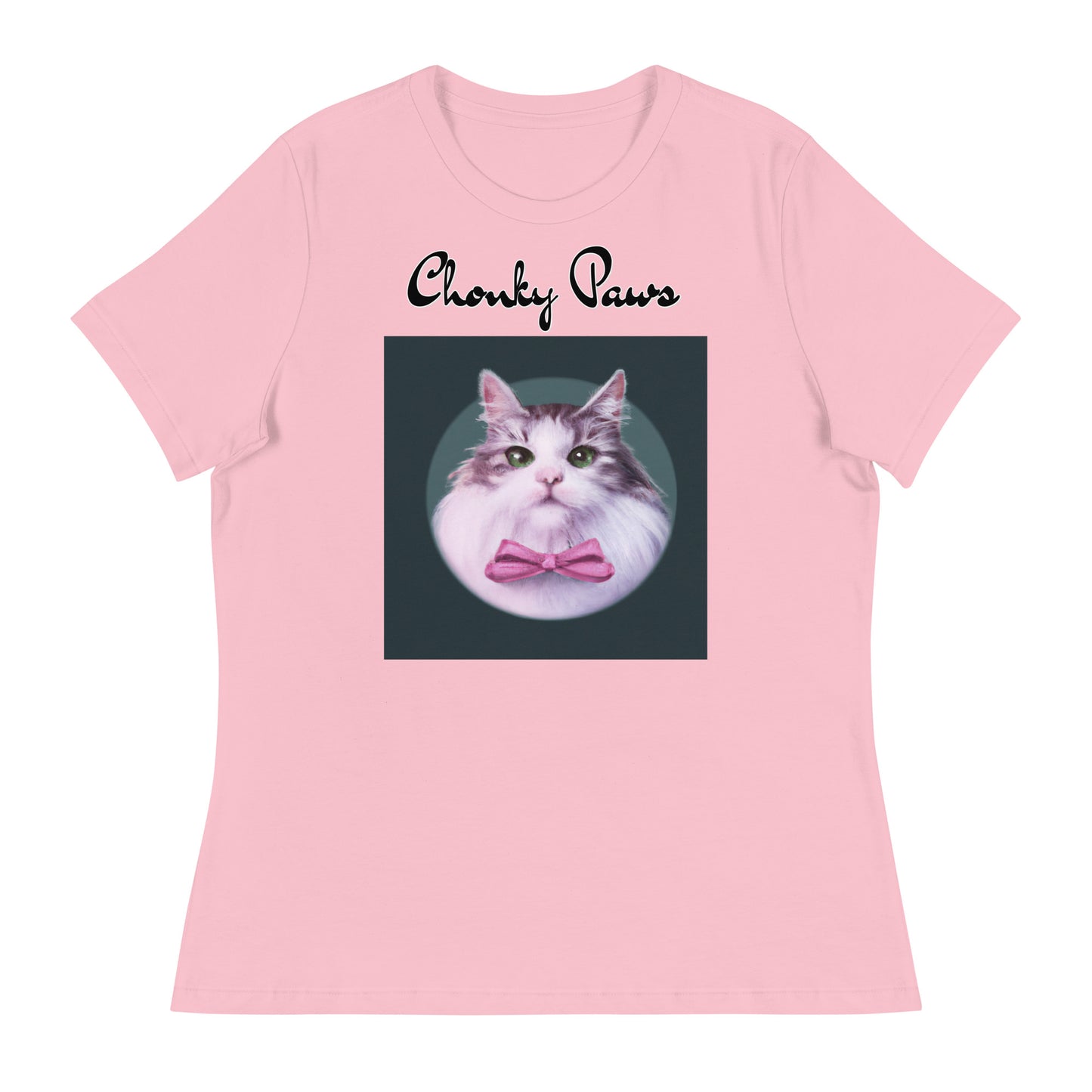 Women's T-Shirt with Fluffy Kitten With a Pink Bow with a text "Chonky Paws" at $25.97 found at Personalizedpetlovergifts