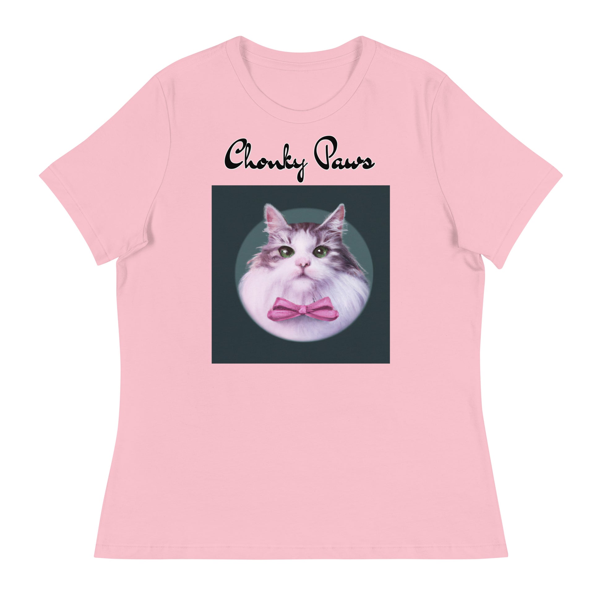 Women's T-Shirt with Fluffy Kitten With a Pink Bow with a text "Chonky Paws" at $25.97 found at Personalizedpetlovergifts