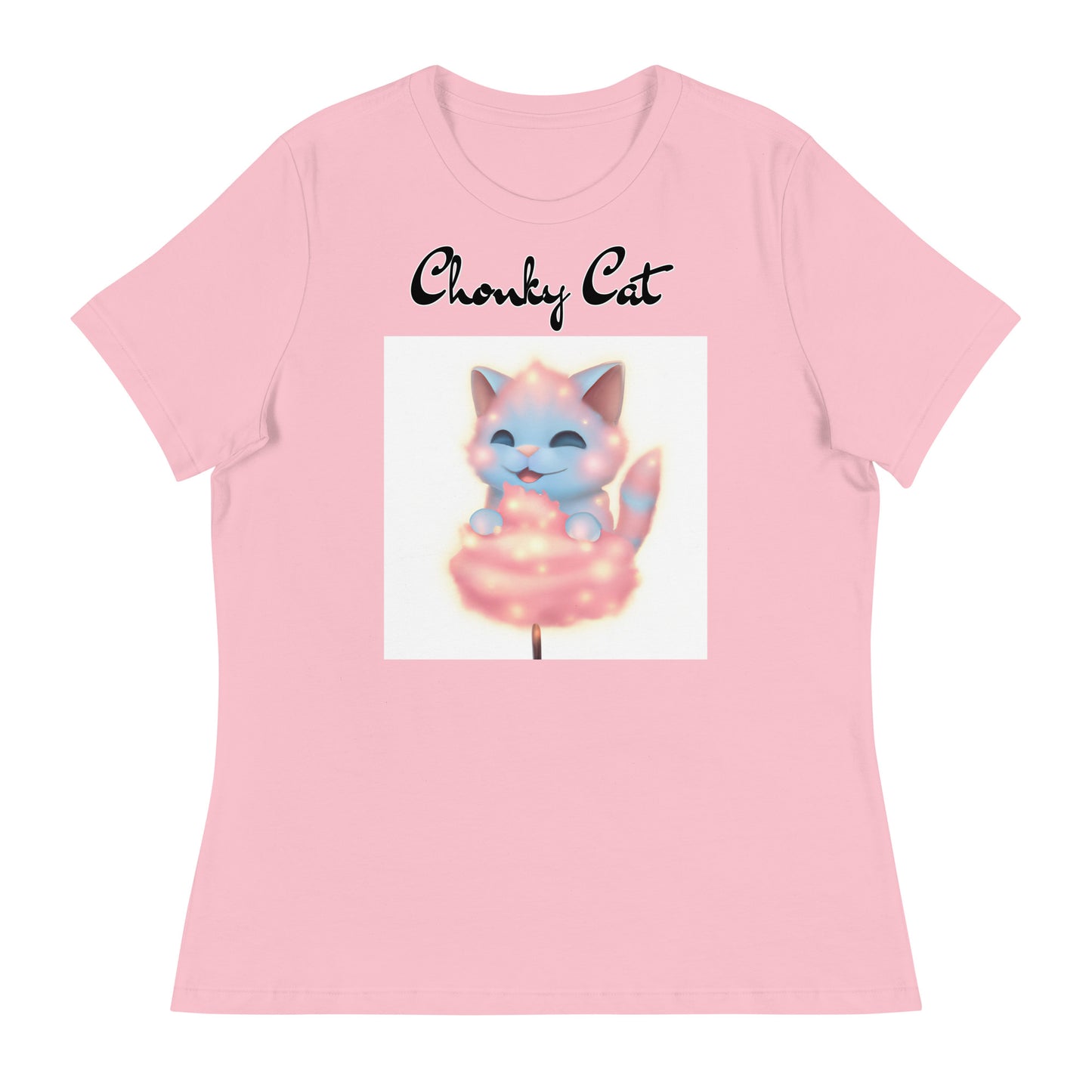 Women's T-Shirt with Kitten Enjoying a Cotton Candy with a text "Chonky Cat" at $25.97 found at Personalizedpetlovergifts