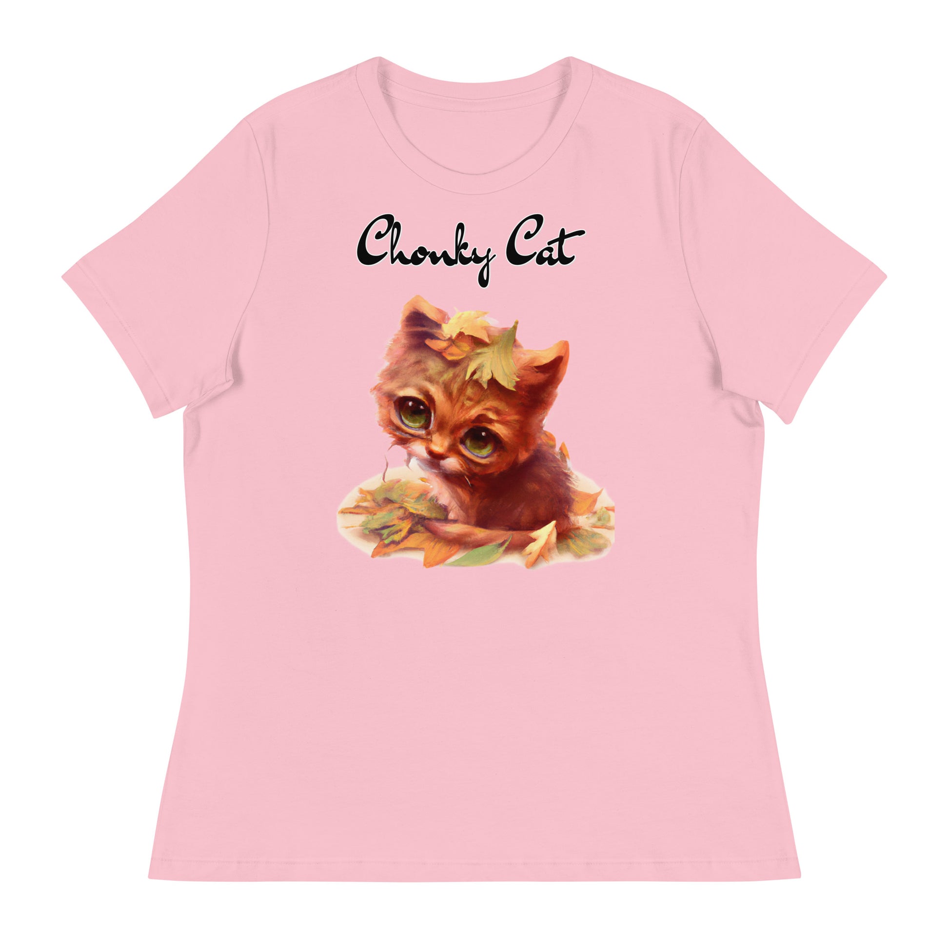 Women's T-Shirt with Ginger Cat With Autumn Leaves with a text "Chonky Cat" at $25.97 found at Personalizedpetlovergifts