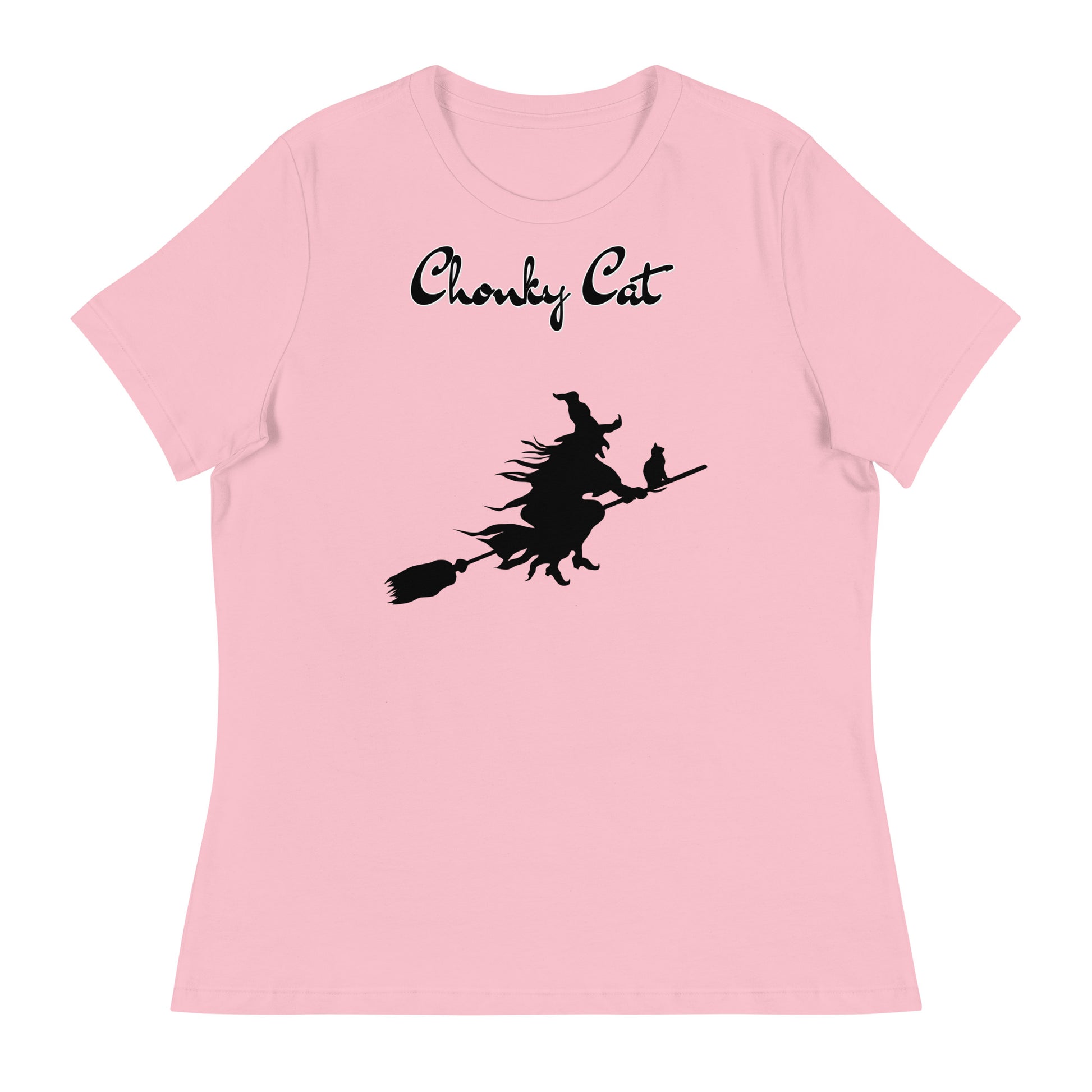 Women's T-Shirt with Flying Witch With Cat On a Broom with a text "Chonky Cat" at $25.97 found at Personalizedpetlovergifts