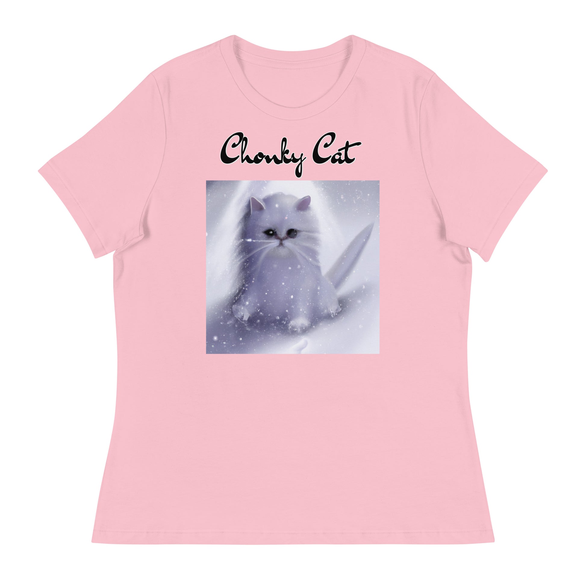 Women's T-Shirt with Fluffy White Kitten In The SNow with a text "Chonky Cat" at $25.97 found at Personalizedpetlovergifts