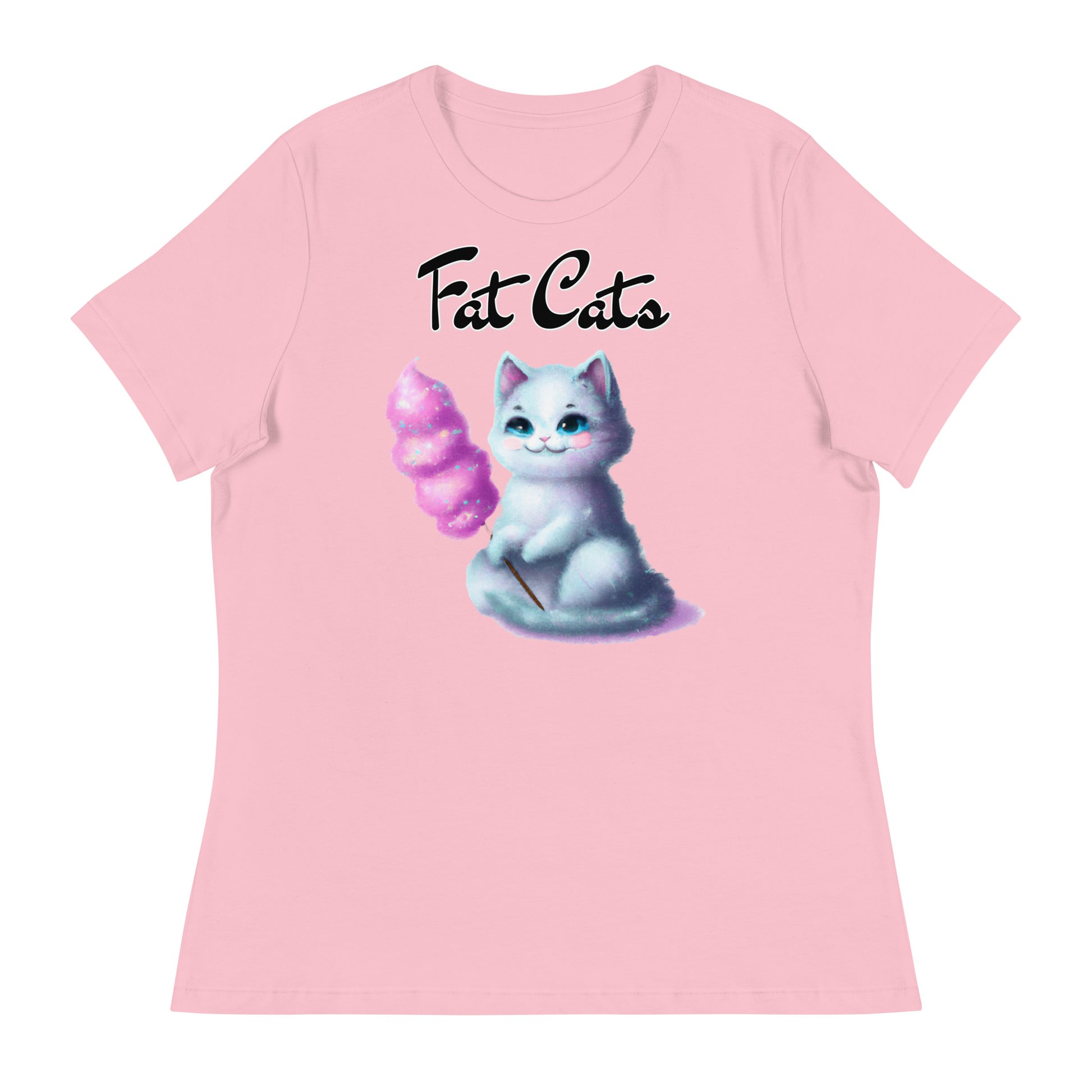 Women's T-Shirt with Kitten Holding A Cotton Candy with a text "Fat Cats" at $25.97 found at Personalizedpetlovergifts