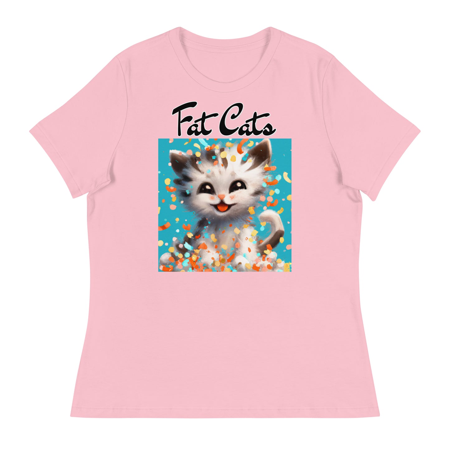 Women's T-Shirt with Happy Kitten With Confetti with a text "Fat Cats" at $25.97 found at Personalizedpetlovergifts