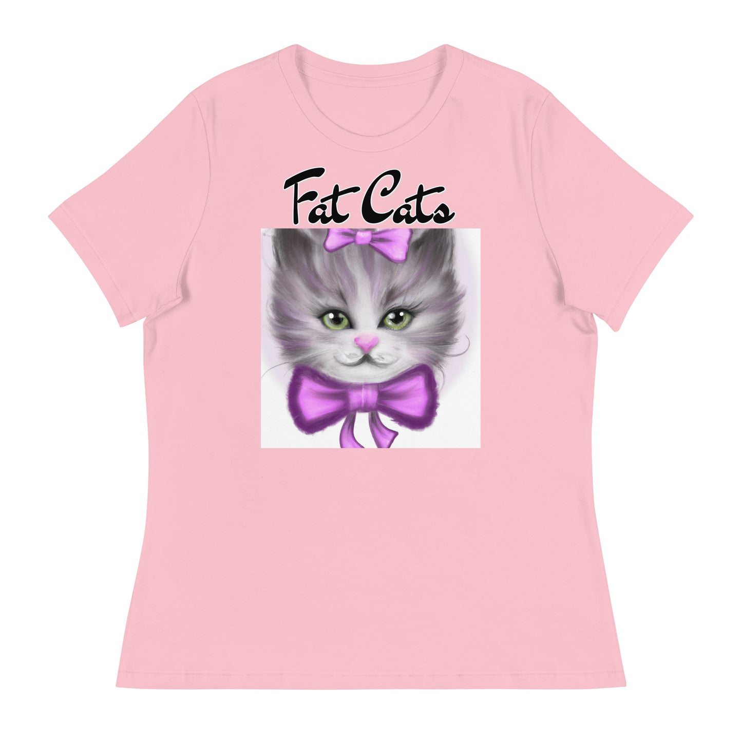 Women's T-Shirt with Happy Kitten With a Purple Bow with a text "Fat Cats" at $25.97 found at Personalizedpetlovergifts