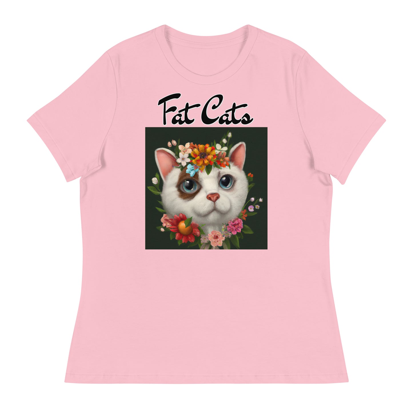 Women's T-Shirt with Happy Cat Portrait With Flowers with a text "Fat Cats" at $25.97 found at Personalizedpetlovergifts