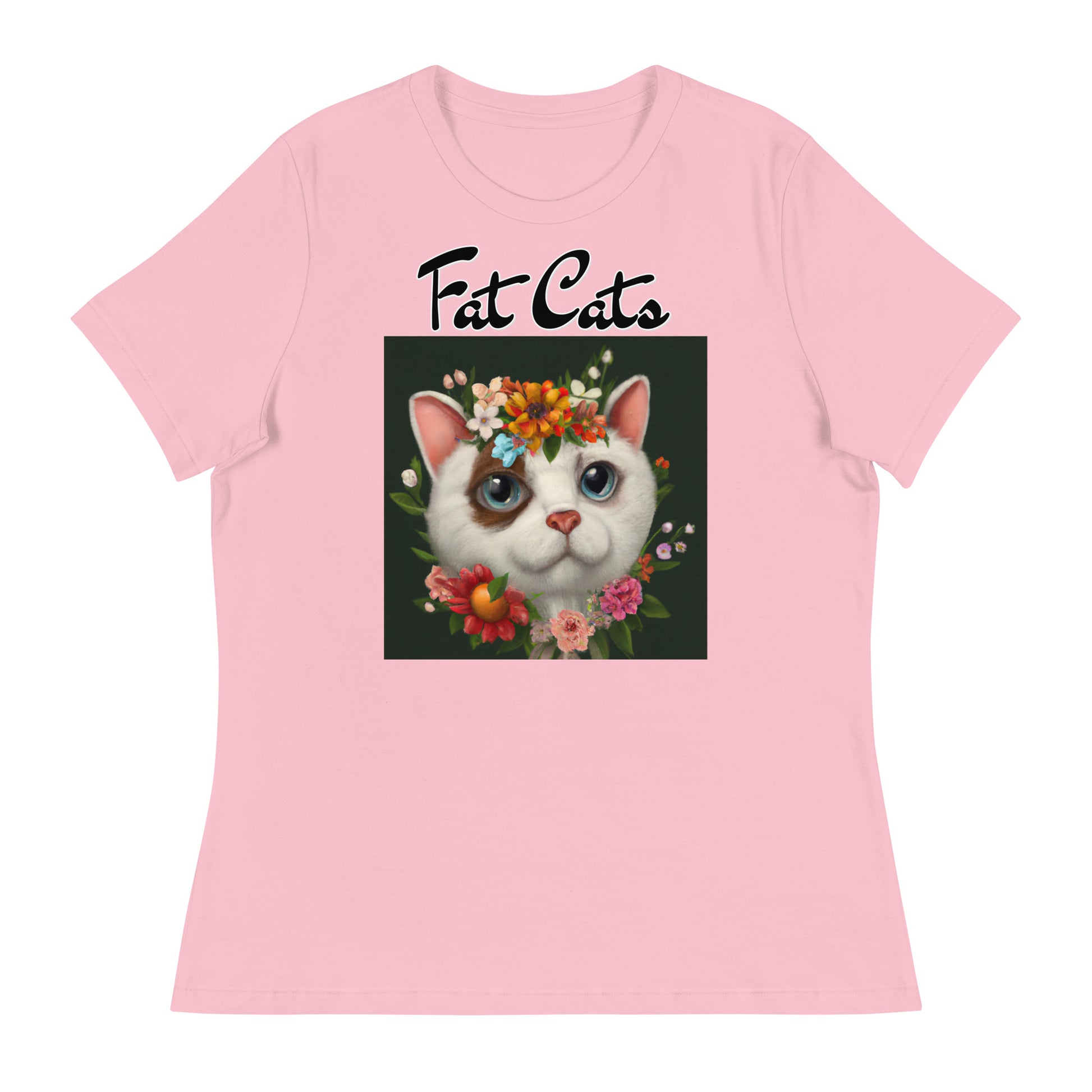 Women's T-Shirt with Happy Cat Portrait With Flowers with a text "Fat Cats" at $25.97 found at Personalizedpetlovergifts