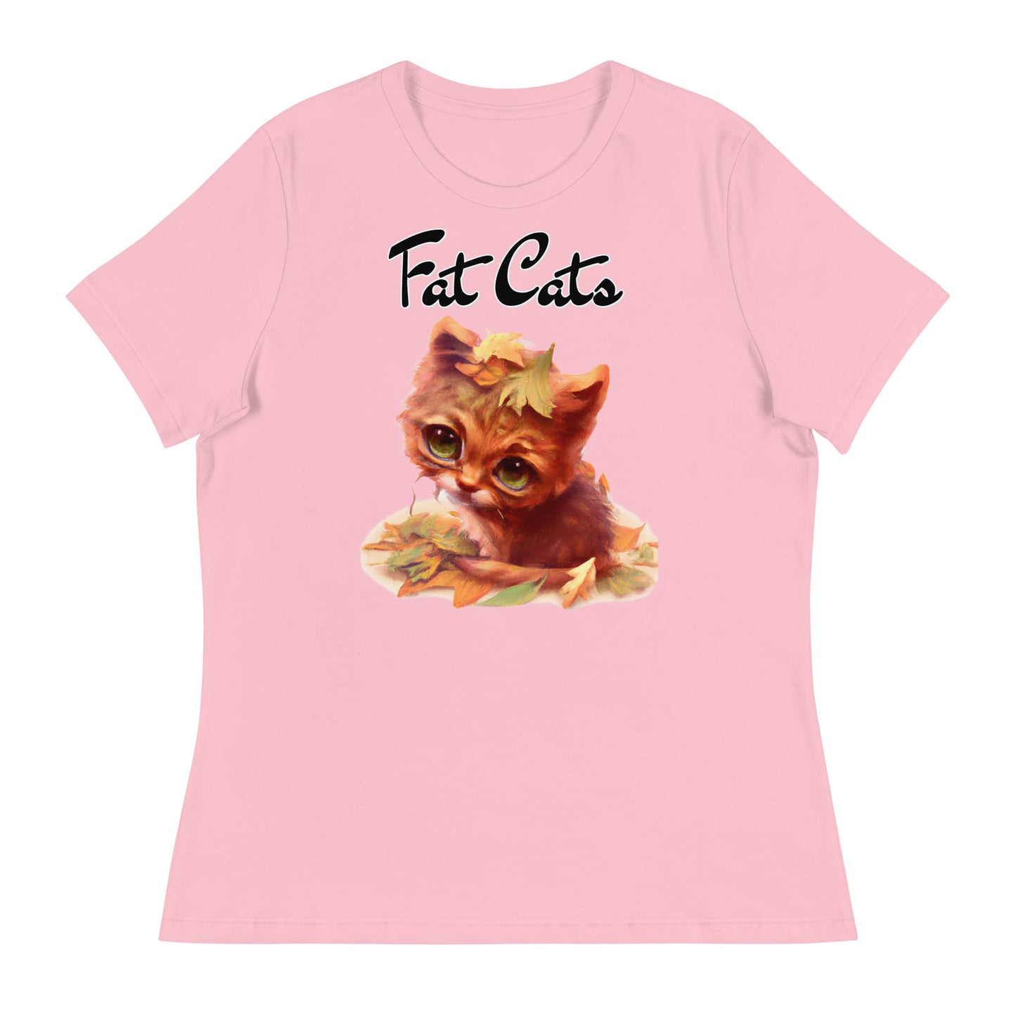 Women's T-Shirt with Ginger Cat With Autumn Leaves with a text "Fat Cats" at $25.97 found at Personalizedpetlovergifts